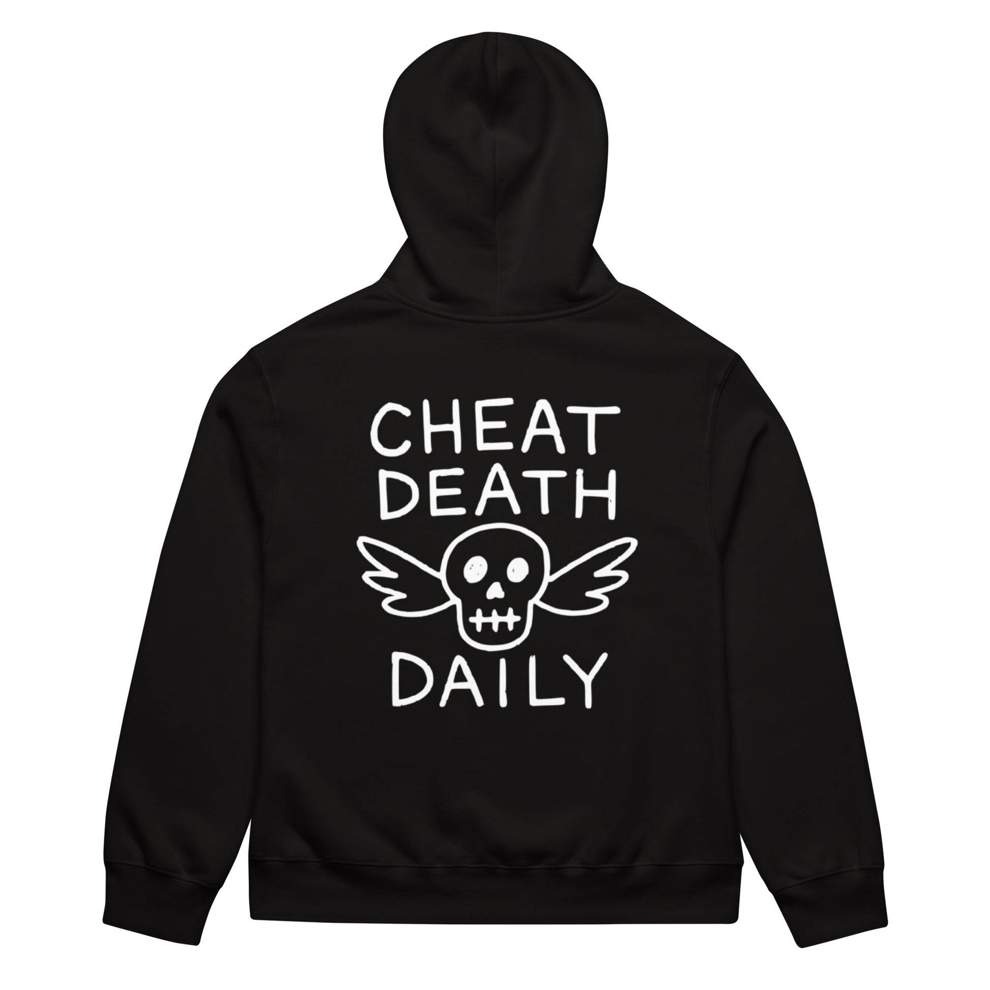 Person wearing a black hoodie with 'Cheat Death Daily' text in a store setting Highway Division HWY Motorcycle 