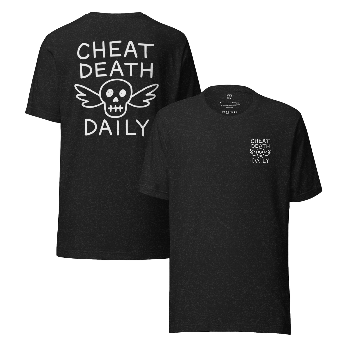 "Black 'Cheat Death Daily' t-shirt by Highway Division, worn by a rider next to a Harley-Davidson Road Glide, with bold white lettering that reflects biker attitude and outlaw lifestyle. Styled with rugged jeans and boots, this graphic tee is perfect for Dyna riders, Softail cruisers, and custom chopper enthusiasts who live fast and ride harder