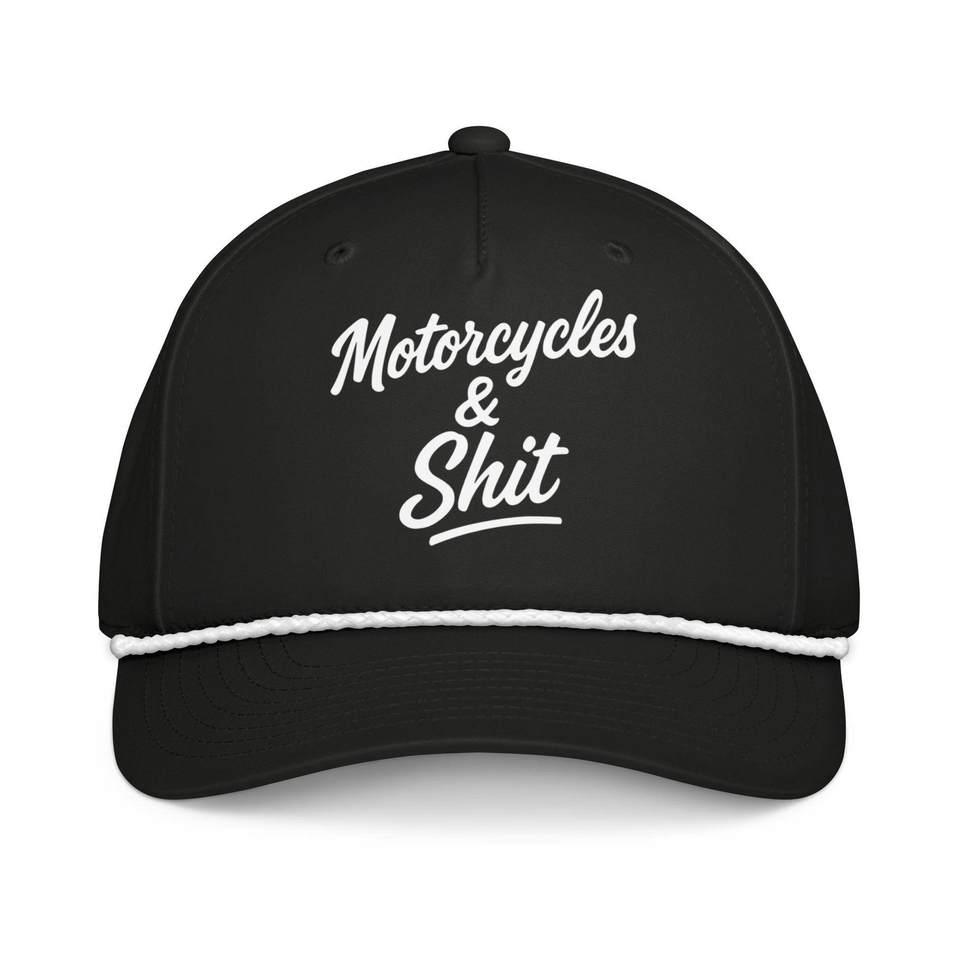 Black 'Motorcycles and Shit' trucker hat by Highway Division, styled with biker streetwear, worn by a rider standing next to a custom Harley-Davidson motorcycle.