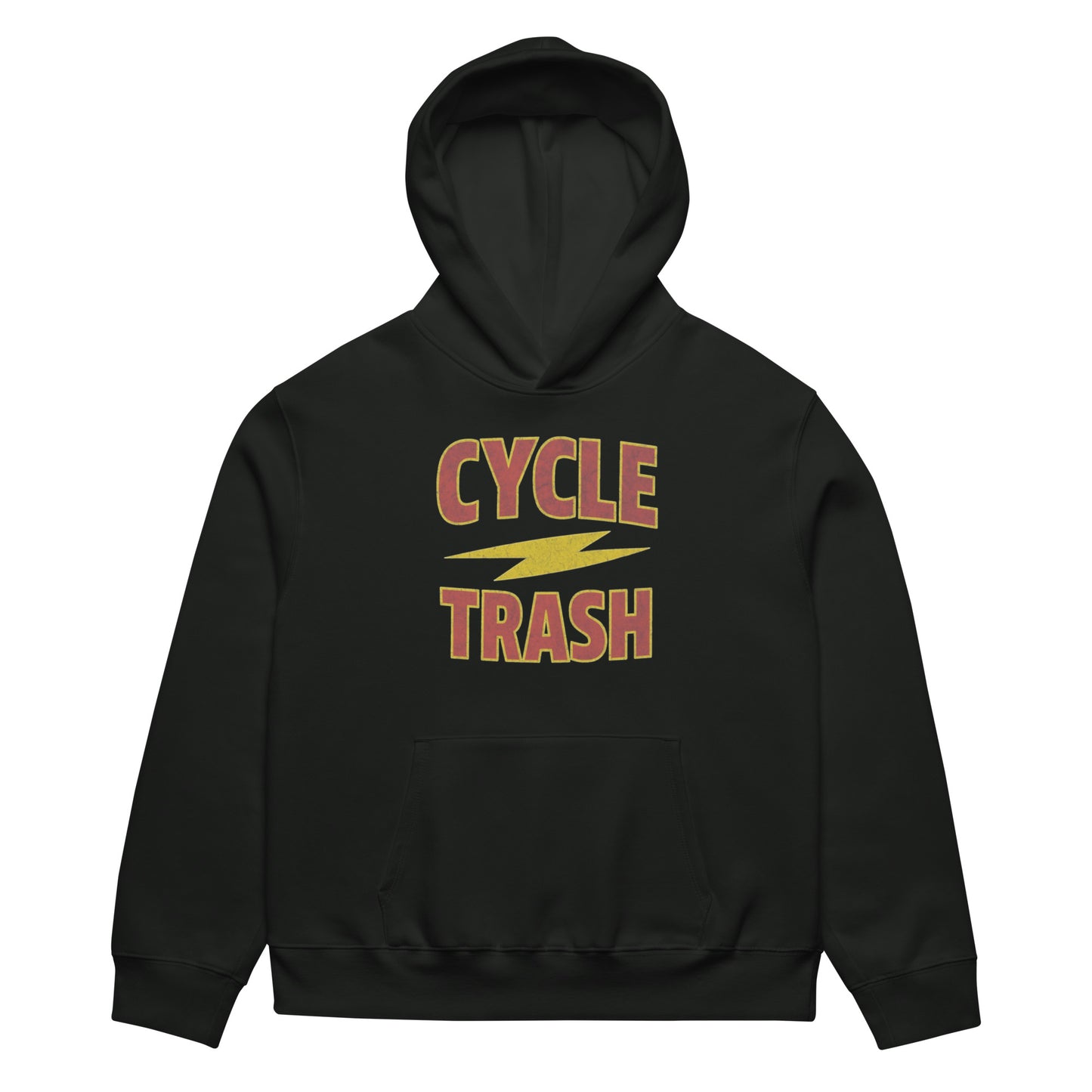 "Highway Division black hoodie featuring bold CYCLE TRASH text on the front, heavyweight fleece pullover with front pocket and ribbed cuffs, unisex biker-style sweatshirt for motorcycle riders, mechanics, and streetwear lovers
