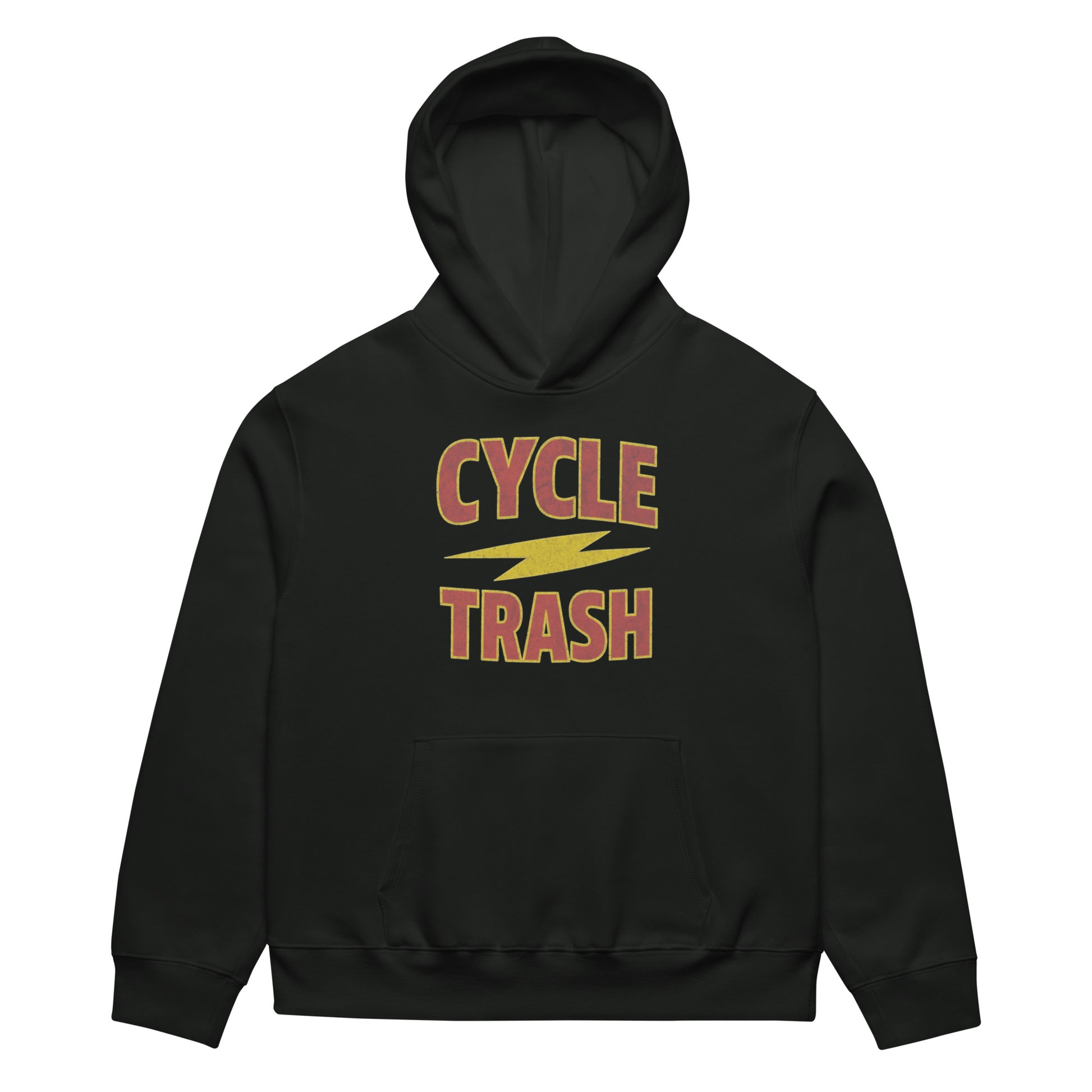 "Highway Division black hoodie featuring bold CYCLE TRASH text on the front, heavyweight fleece pullover with front pocket and ribbed cuffs, unisex biker-style sweatshirt for motorcycle riders, mechanics, and streetwear lovers