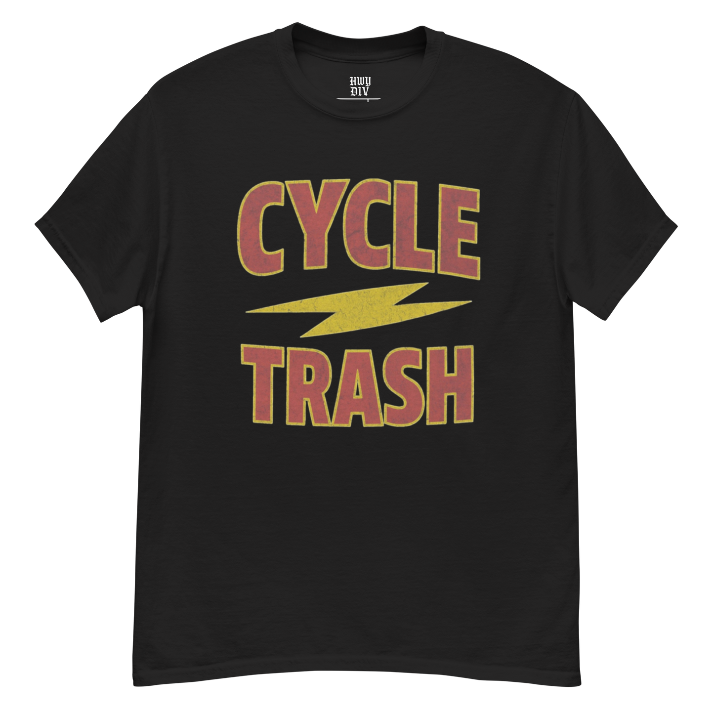 Black CYCLE TRASH t-shirt by Highway Division featuring bold white lettering, biker-inspired graphic tee for motorcycle enthusiasts and streetwear fans