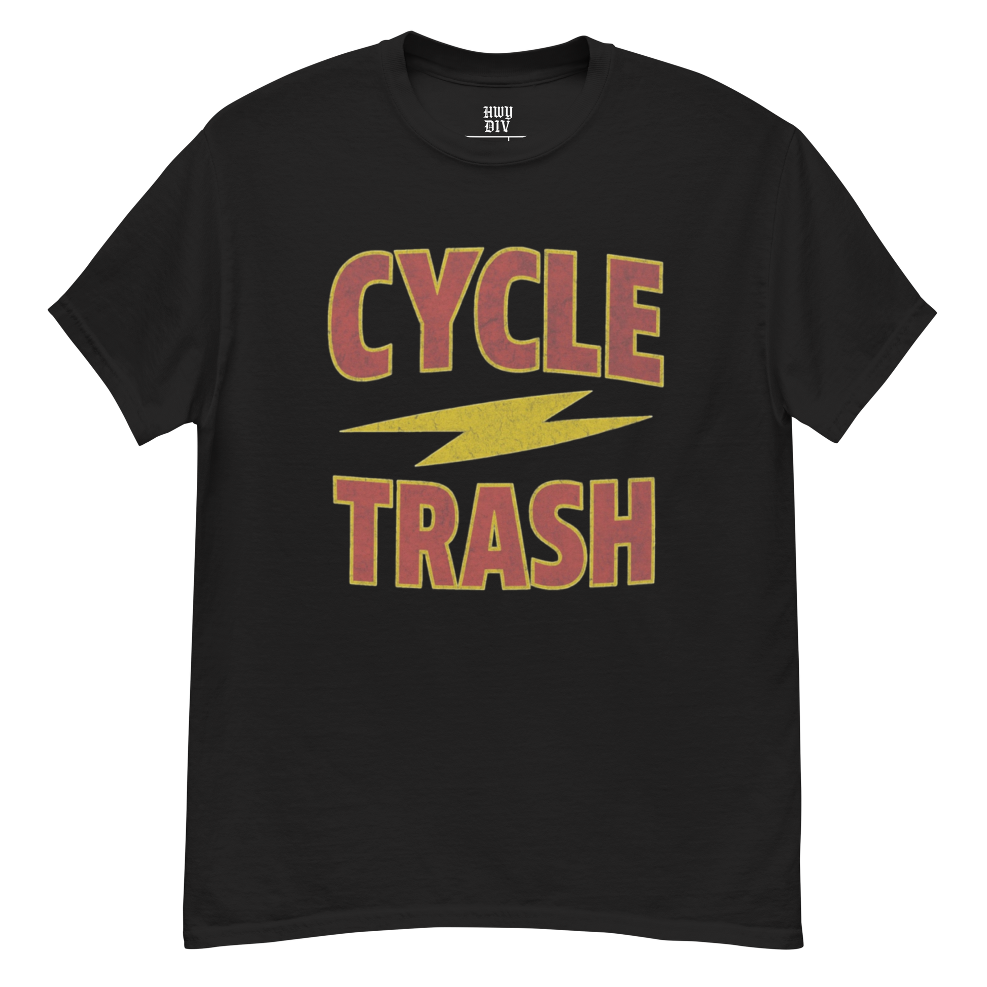 Black CYCLE TRASH t-shirt by Highway Division featuring bold white lettering, biker-inspired graphic tee for motorcycle enthusiasts and streetwear fans