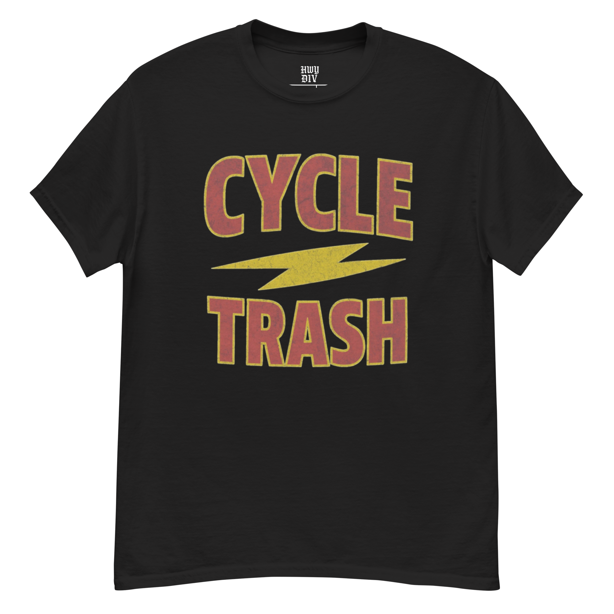 Black CYCLE TRASH t-shirt by Highway Division featuring bold white lettering, biker-inspired graphic tee for motorcycle enthusiasts and streetwear fans
