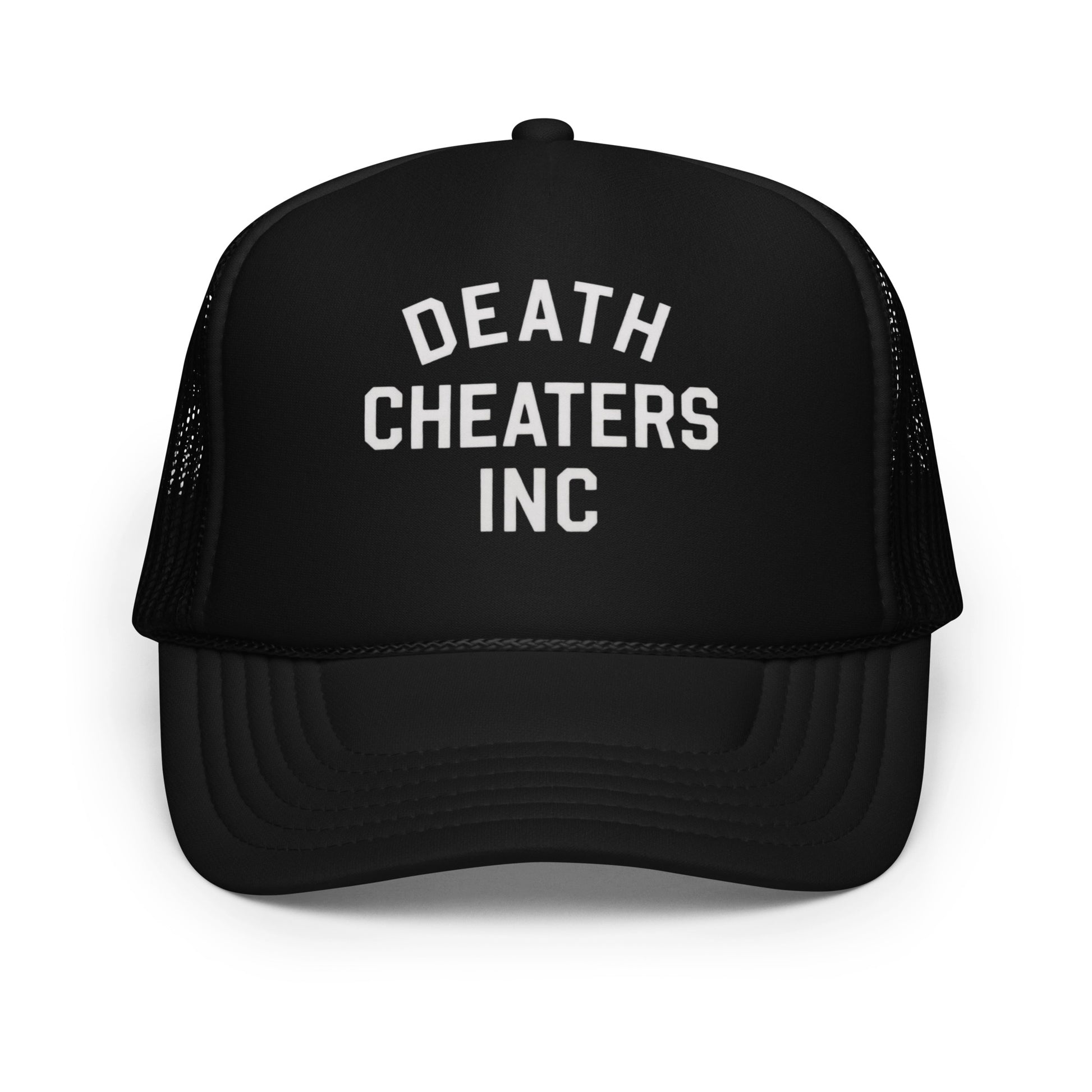 "Highway Division black trucker hat with bold DEATH CHEATERS INC text on the front, snapback cap with mesh back, designed for motorcycle riders, streetwear fans, and garage culture enthusiasts seeking edgy, rebellious headwear with a rugged, custom look