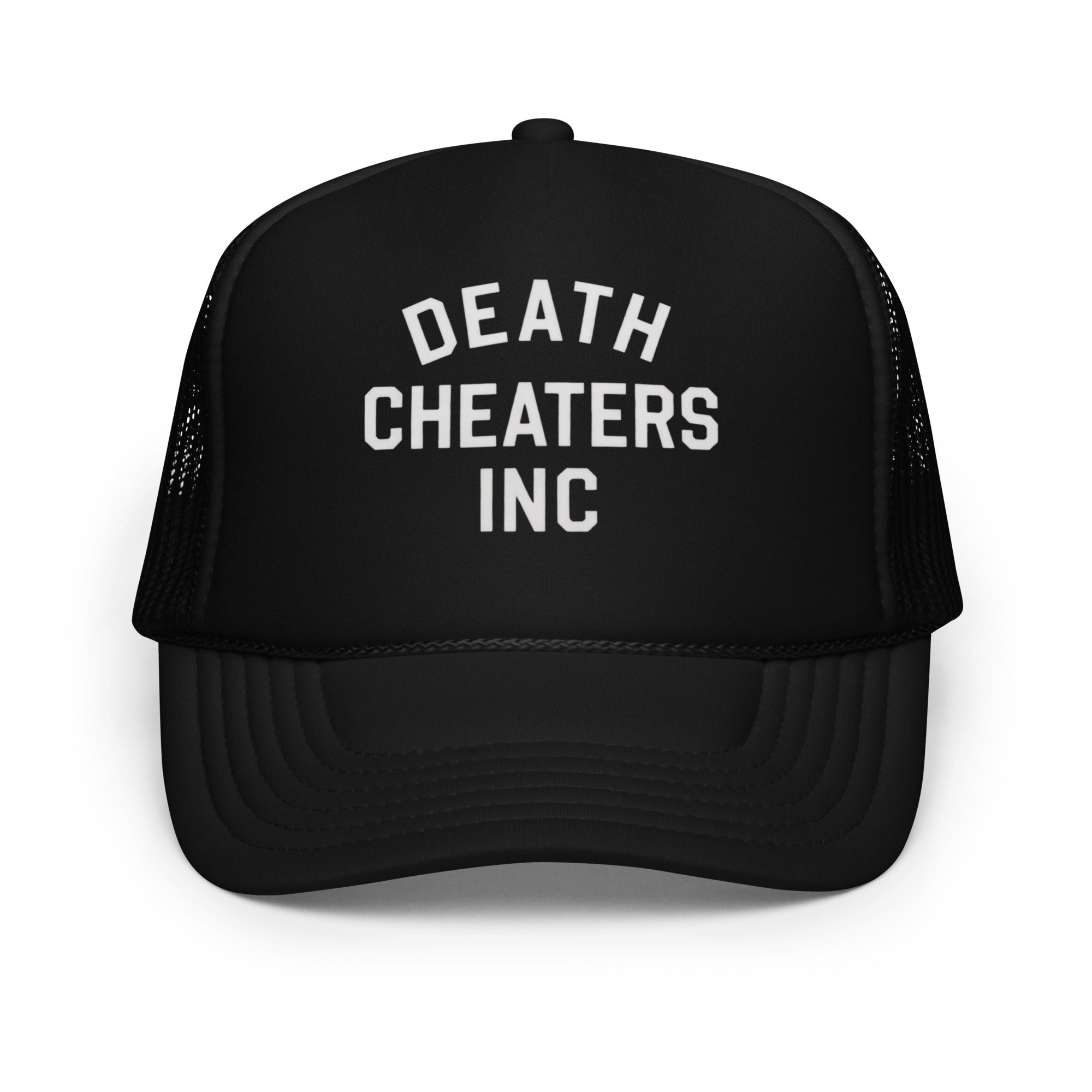 "Highway Division black trucker hat with bold DEATH CHEATERS INC text on the front, snapback cap with mesh back, designed for motorcycle riders, streetwear fans, and garage culture enthusiasts seeking edgy, rebellious headwear with a rugged, custom look