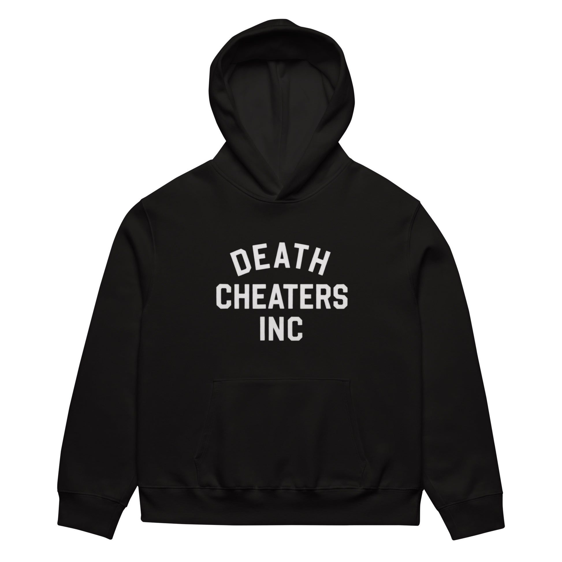 Highway Division black hoodie with bold DEATH CHEATERS INC graphic on the front, heavyweight unisex pullover sweatshirt designed for motorcycle riders, garage culture, and streetwear enthusiasts, featuring a soft fleece interior, front pouch pocket, and durable ribbed cuffs for all-season comfort and rugged style.