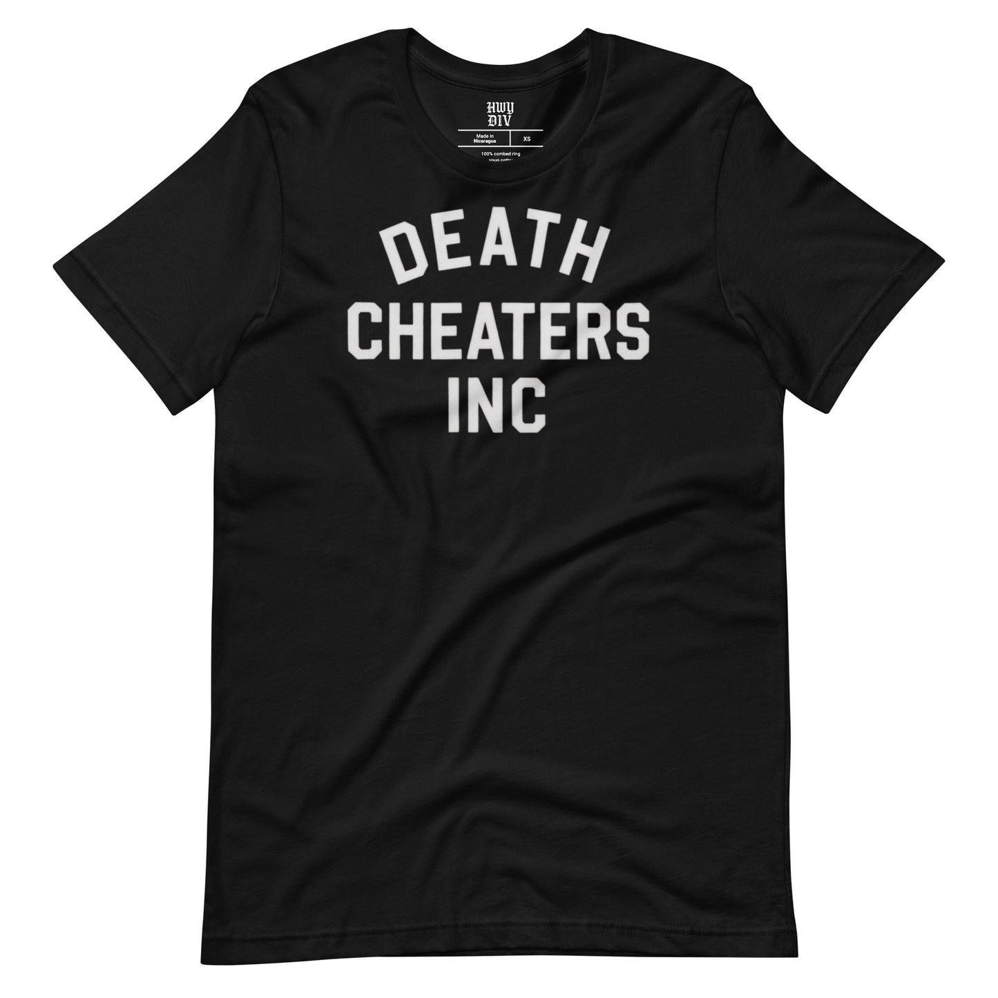 Highway Division black t-shirt featuring bold DEATH CHEATERS INC text on the front, unisex motorcycle-inspired graphic tee for bikers, streetwear fans, and lovers of rebellious alternative fashion, made with soft cotton and designed for everyday wear with edge and attitude.