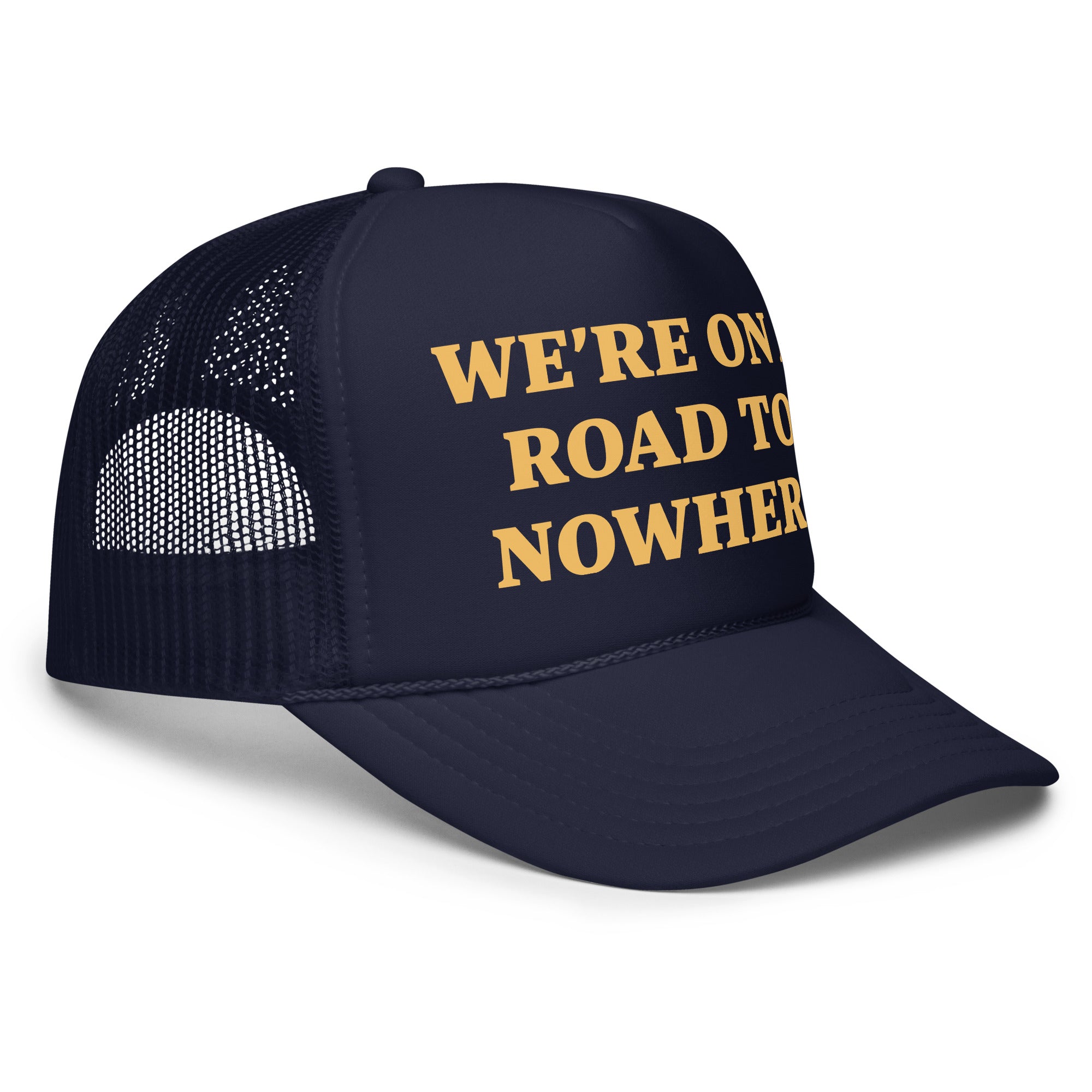 Black structured cap by Highway Division embroidered with “We’re on a Road to Nowhere”; motorcycle‑inspired streetwear hat for riders, Dyna enthusiasts, road culture and rebel attitude.
