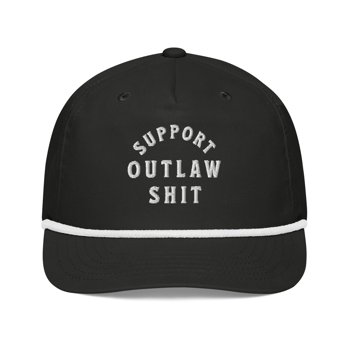 Product The Highway Division presents a striking black hat featuring the bold phrase "Support Outlaw Shit." This unique accessory combines style and attitude, making it a perfect addition to any wardrobe. Crafted for comfort and durability, it is designed to stand out 