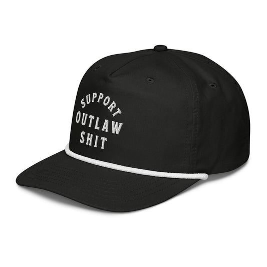 The Highway Division presents a striking black hat featuring the bold phrase "Support Outlaw Shit." This unique accessory combines style and attitude, making it a perfect addition to any wardrobe. Crafted for comfort and durability, it is designed to stand out 