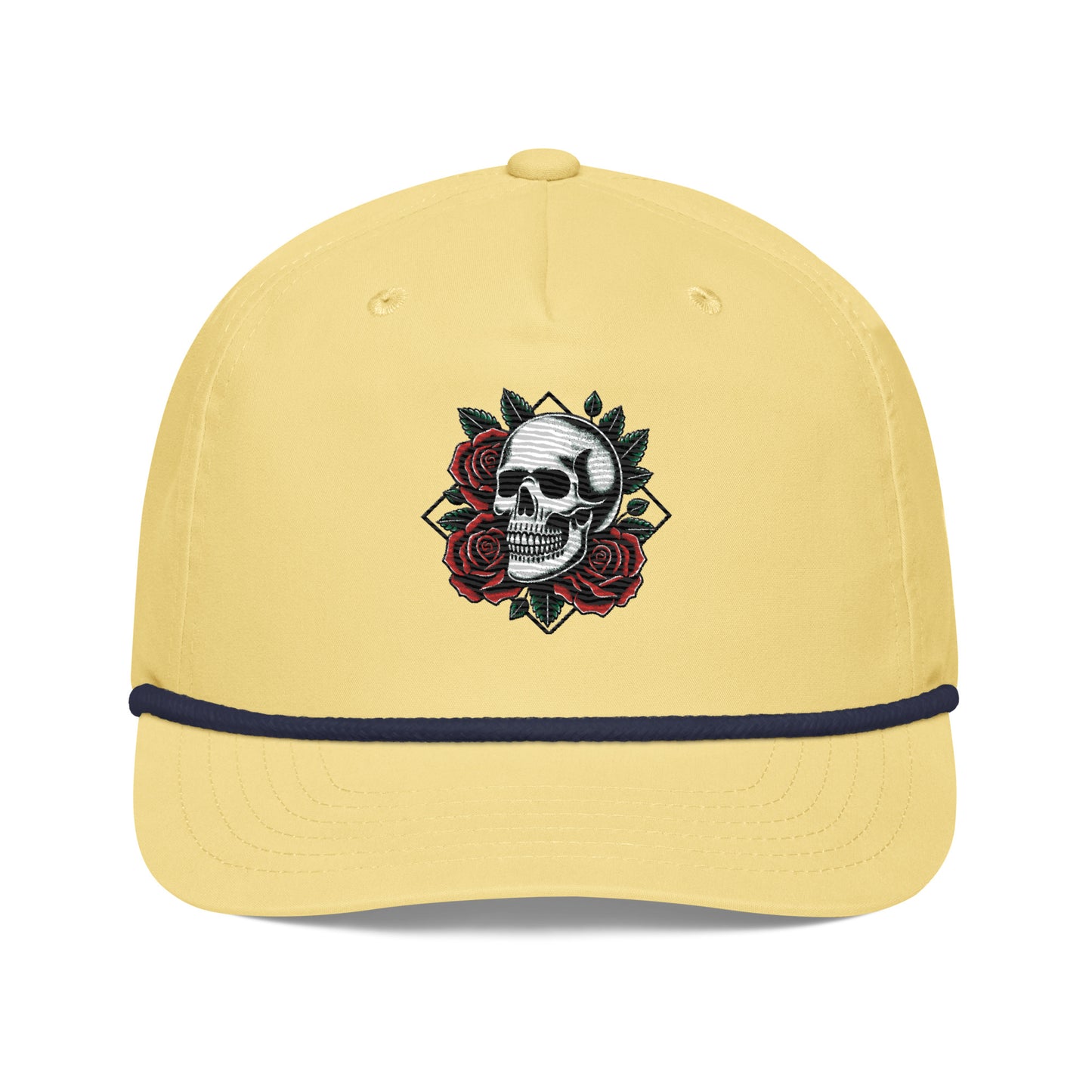 Product The Highway Division skull and roses hat combines edgy aesthetics with a touch of elegance, featuring a striking skull design intertwined with delicate roses.