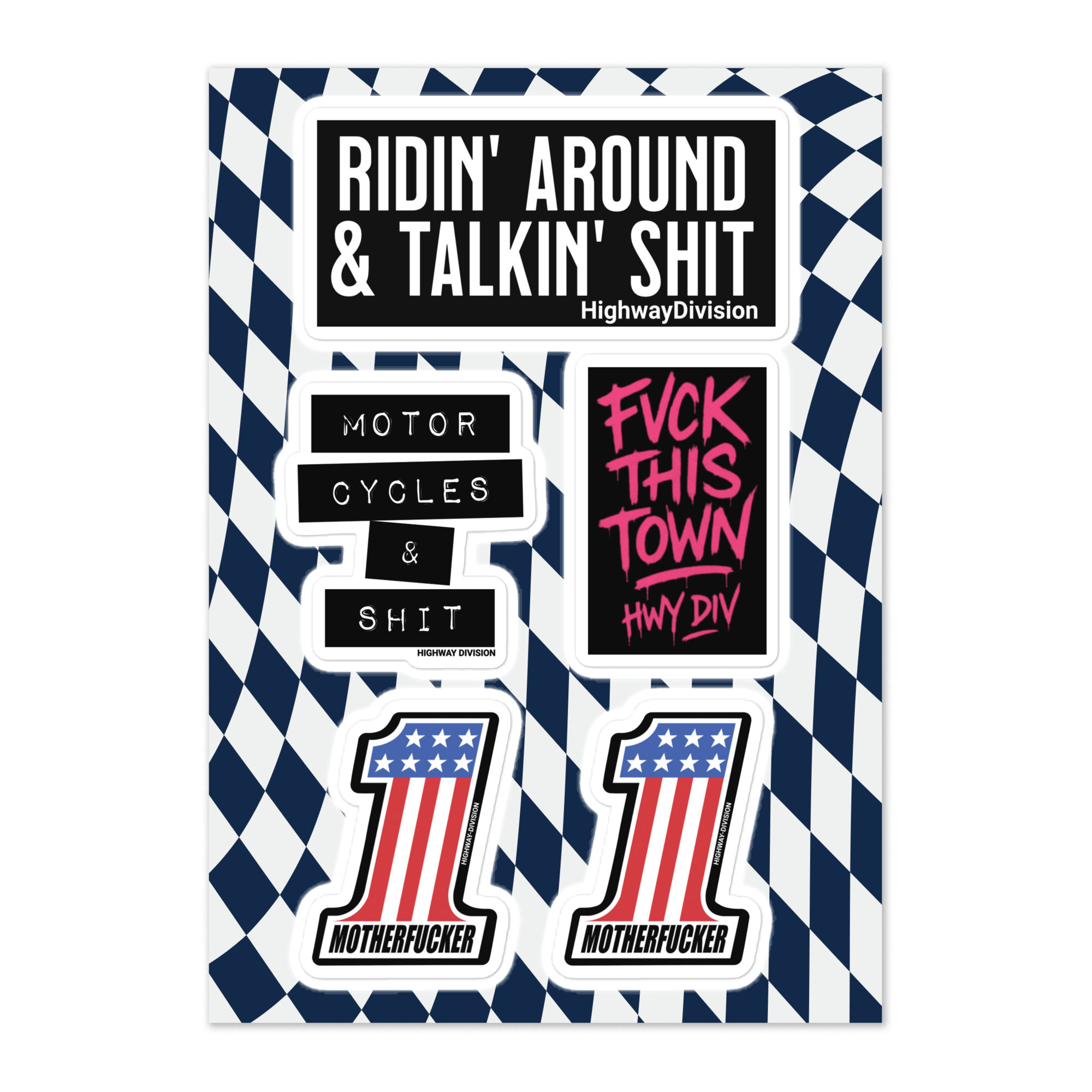  sticker sheet featuring 6–8 die-cut vinyl designs inspired by Harley-Davidson and outlaw biker culture. The sheet includes bold graphics like flaming skulls, vintage motorcycle engines, eagles, and slogans such as “Support Outlaw Shit.” Stickers are displayed on an 8.5" x 11" matte-finish sheet with a rugged, weathered aesthetic, laid flat against a neutral background.