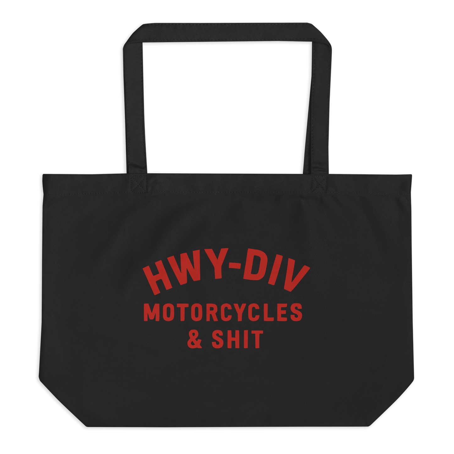 Black and natural canvas tote bag with bold 'HWY DIV MOTORCYCLES AND SHIT' text, biker aesthetic accessory for motorcycle lovers and edgy streetwear style