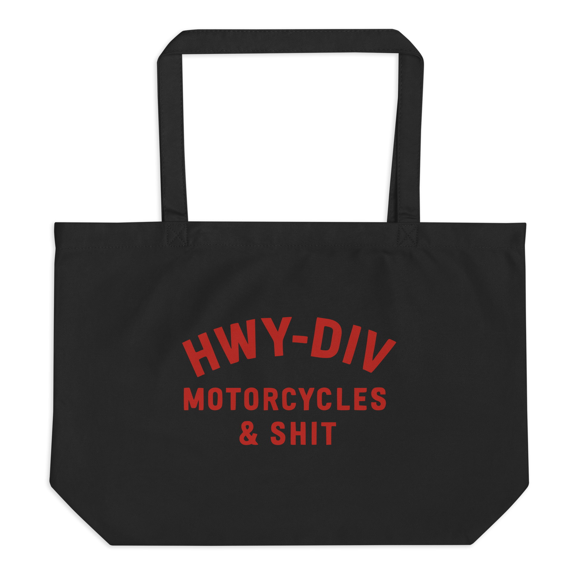 Black and natural canvas tote bag with bold 'HWY DIV MOTORCYCLES AND SHIT' text, biker aesthetic accessory for motorcycle lovers and edgy streetwear style