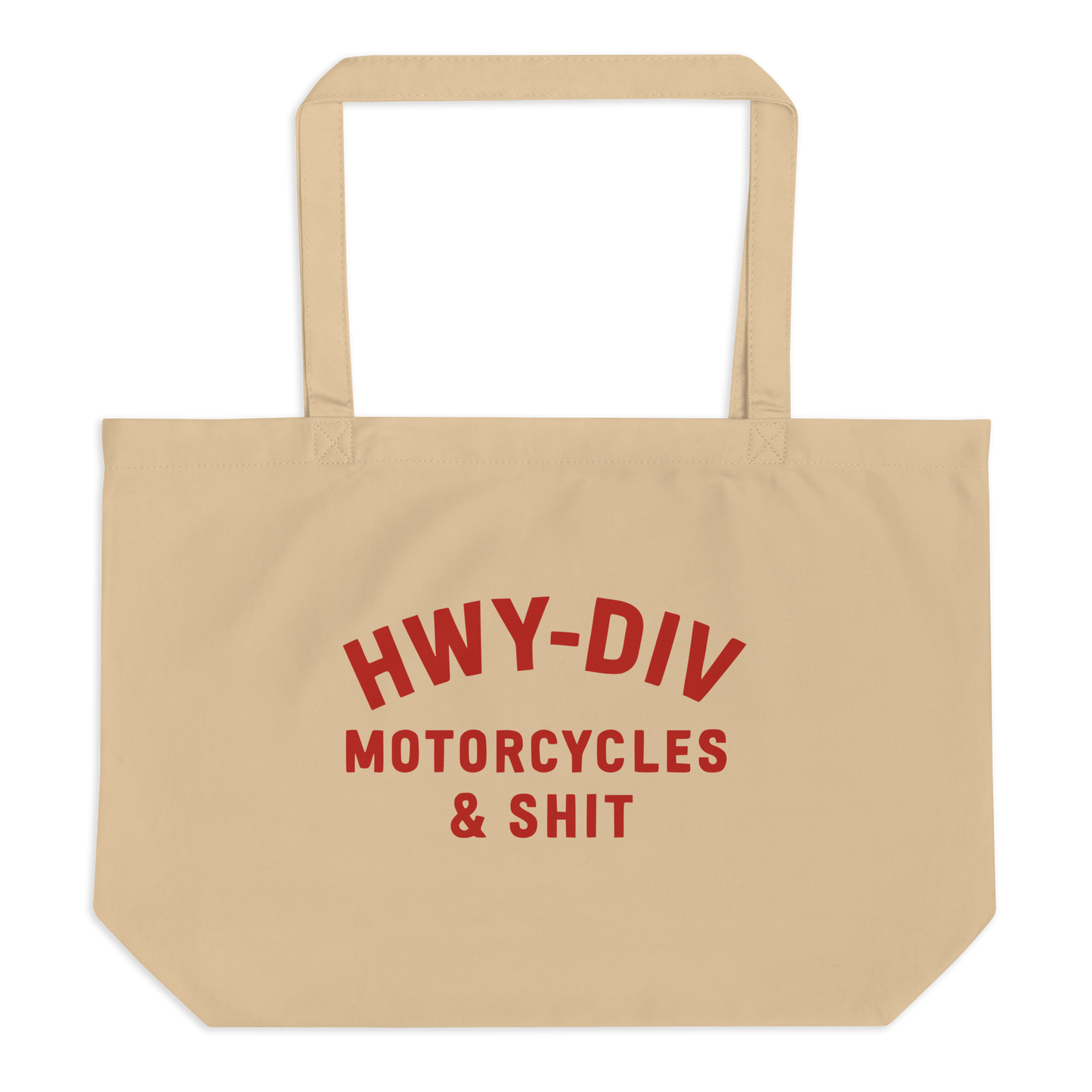 Black and natural canvas tote bag with bold 'HWY DIV MOTORCYCLES AND SHIT' text, biker aesthetic accessory for motorcycle lovers and edgy streetwear style