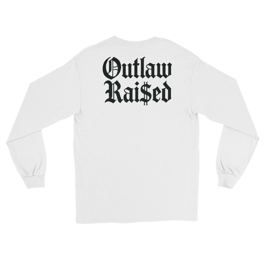 White long sleeve T-shirt featuring bold white text that reads 'Outlaw Raised by Highway Division' across the back.  The shirt has a classic fit with ribbed cuffs, styled for a rugged, road-ready look
