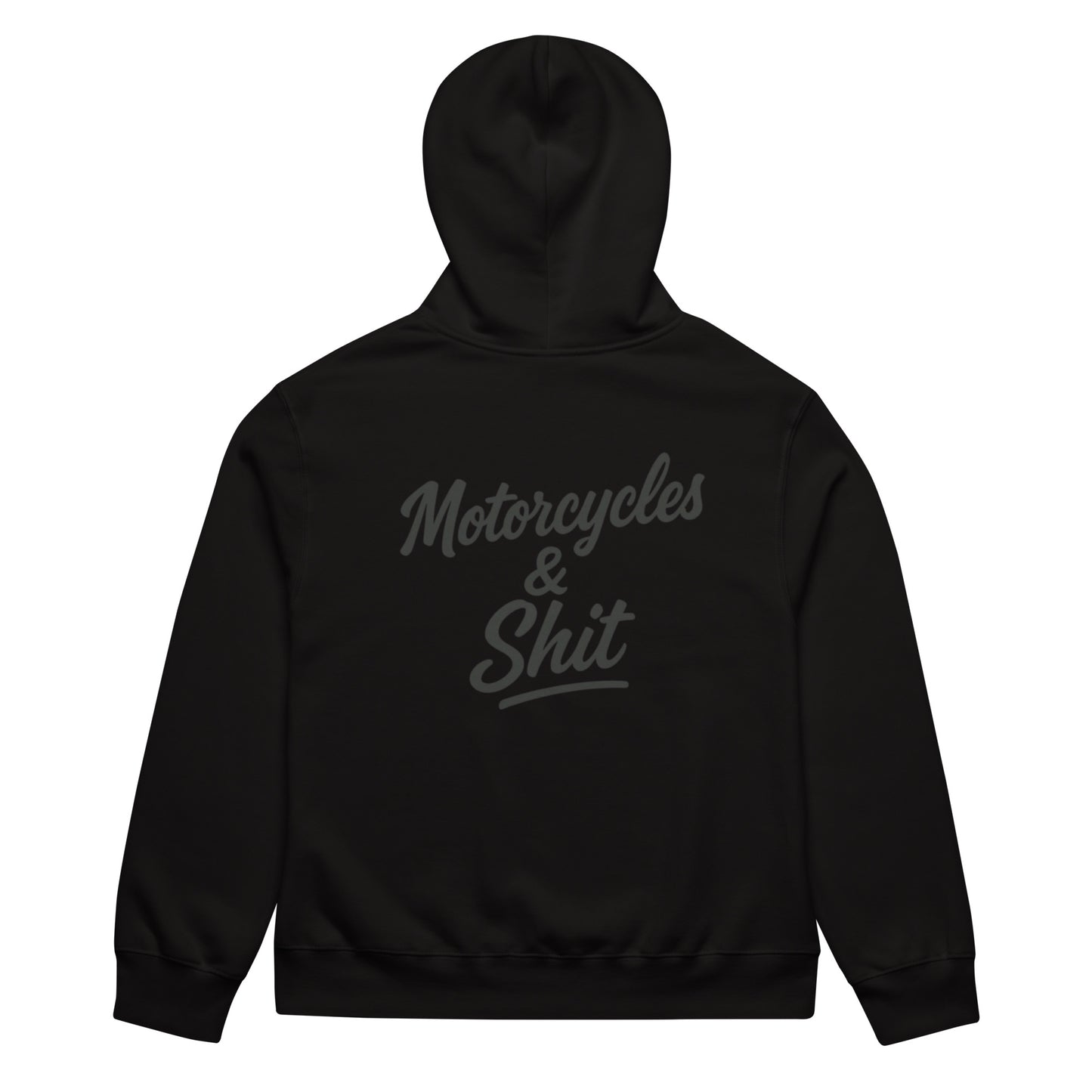 Black heavyweight hoodie by Highway Division with bold white “MOTORCYCLES & SHIT” front graphic; Harley Davidson Dyna and Road Glide inspired motorcycle streetwear for riders, outlaw attitude, wheelie culture. Dyna Clubstyle wheelie lowriderst 
