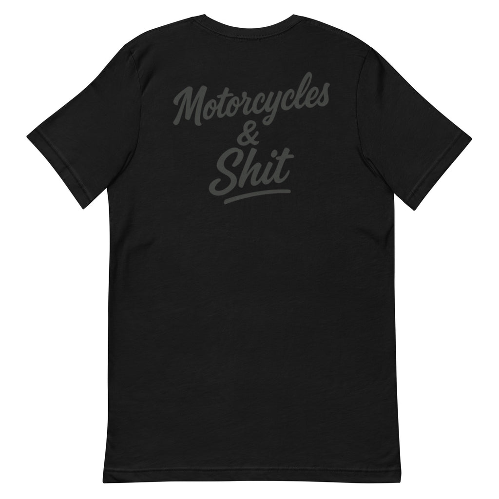 Black Highway Division T‑shirt with bold white “MOTORCYCLES & SHIT” front print; heavyweight cotton streetwear for motorcycle riders, road culture, and unapologetic lifestyle. Harley Davidson Chopper Bobber Bagger Dyna Tracker Biker 
