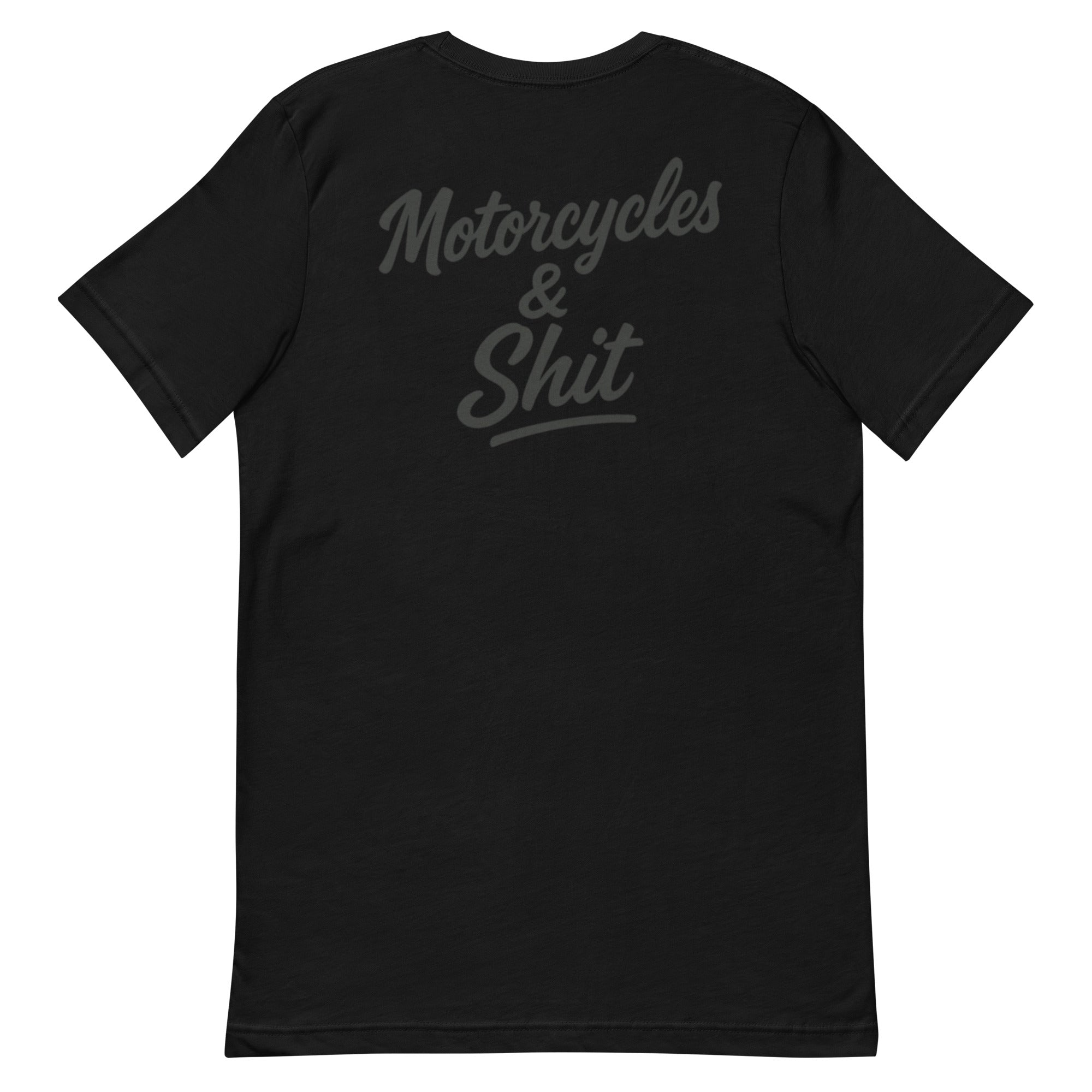 Black Highway Division T‑shirt with bold white “MOTORCYCLES & SHIT” front print; heavyweight cotton streetwear for motorcycle riders, road culture, and unapologetic lifestyle. Harley Davidson Chopper Bobber Bagger Dyna Tracker Biker 
