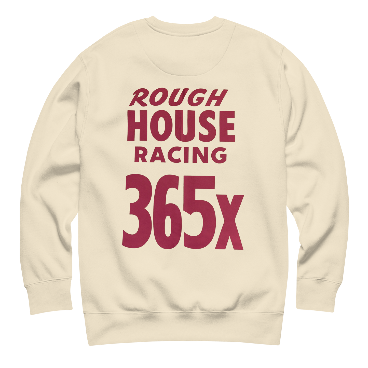 Natural-colored crewneck sweatshirt with bold red 'ROUGH HOUSE RACING' lettering, designed by Highway Division, vintage motorsport-inspired streetwear