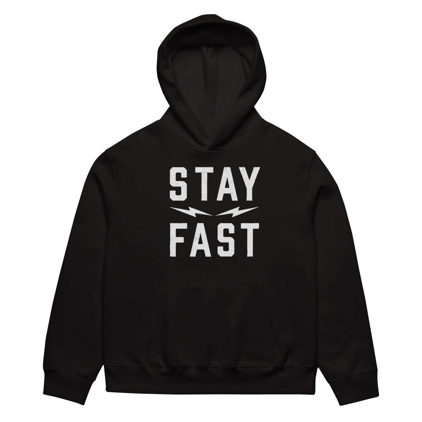 A black unisex hoodie from Highway Division featuring bold white text that reads “STAY FAST” printed across the front chest. The hoodie is made from heavyweight fleece, offering warmth, durability, and a structured streetwear fit. Designed with a spacious front kangaroo pocket, ribbed cuffs and hem, and an adjustable drawstring hood, it’s built for both comfort and edge. The black fabric contrasts sharply with the white lettering, creating a clean, high-impact look that reflects Highway Division’