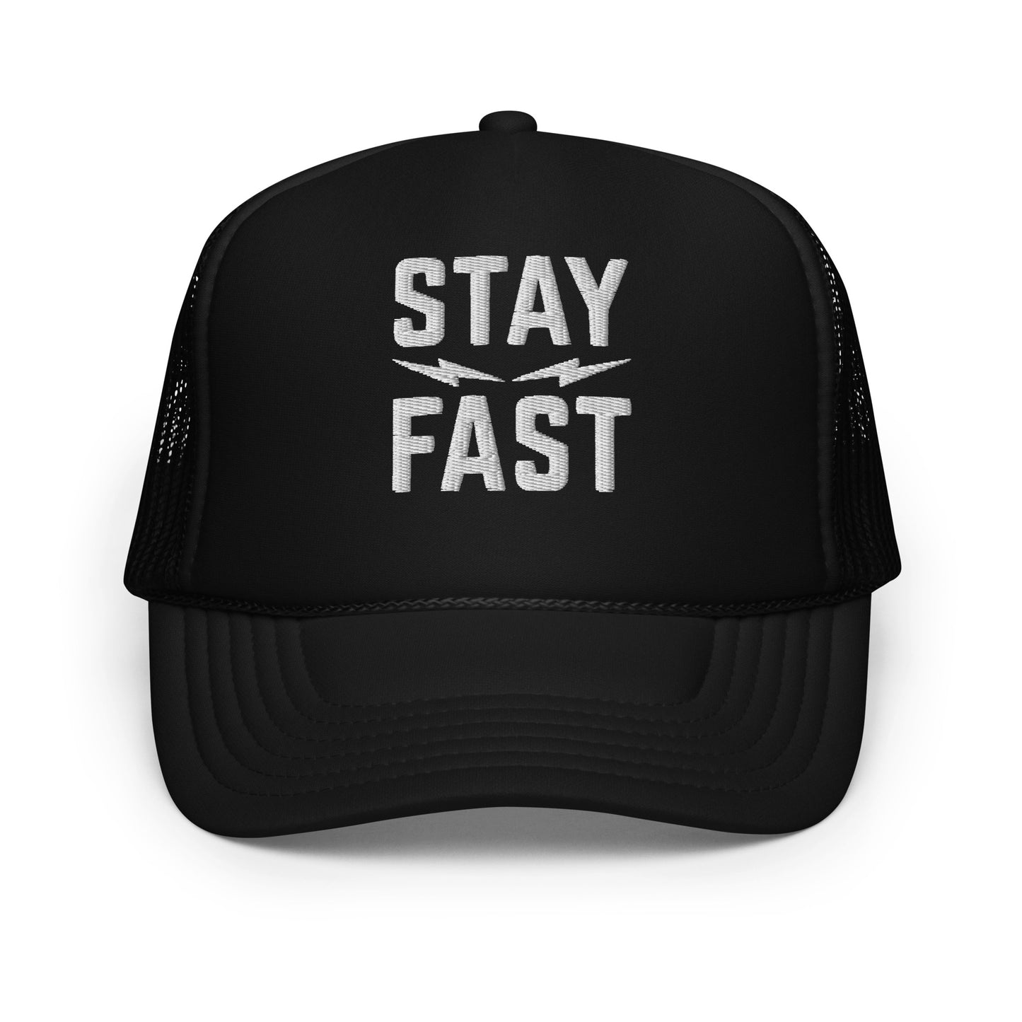 A black Highway Division hat with bold white embroidery on the front that reads “STAY FAST.” The hat has a classic curved brim and adjustable strap, giving it a clean, streetwear-inspired look.