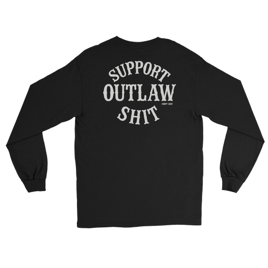A black long sleeve t-shirt with bold white text on the chest that reads "Support Outlaw Shit." The shirt features ribbed cuffs, a classic crew neckline, and a relaxed fit. Made from heavyweight cotton, it has a rugged, worn-in look, with a small Highway Division logo printed on the upper back near the collar. Displayed laid flat on a neutral background.