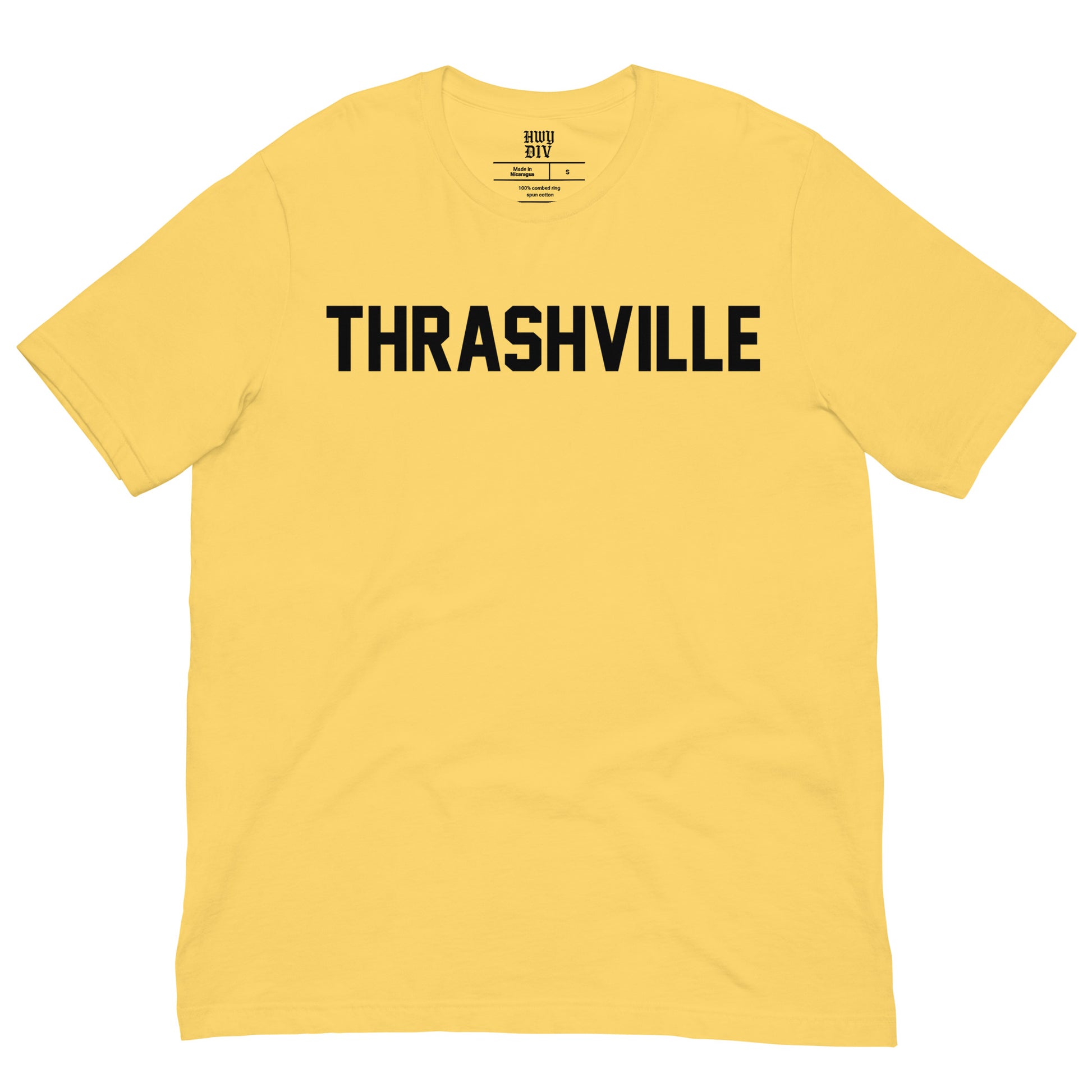 Highway Division black t-shirt with bold THRASHVILLE text on the front, unisex streetwear tee inspired by punk, metal, and motorcycle culture. NASHVILLE tee 