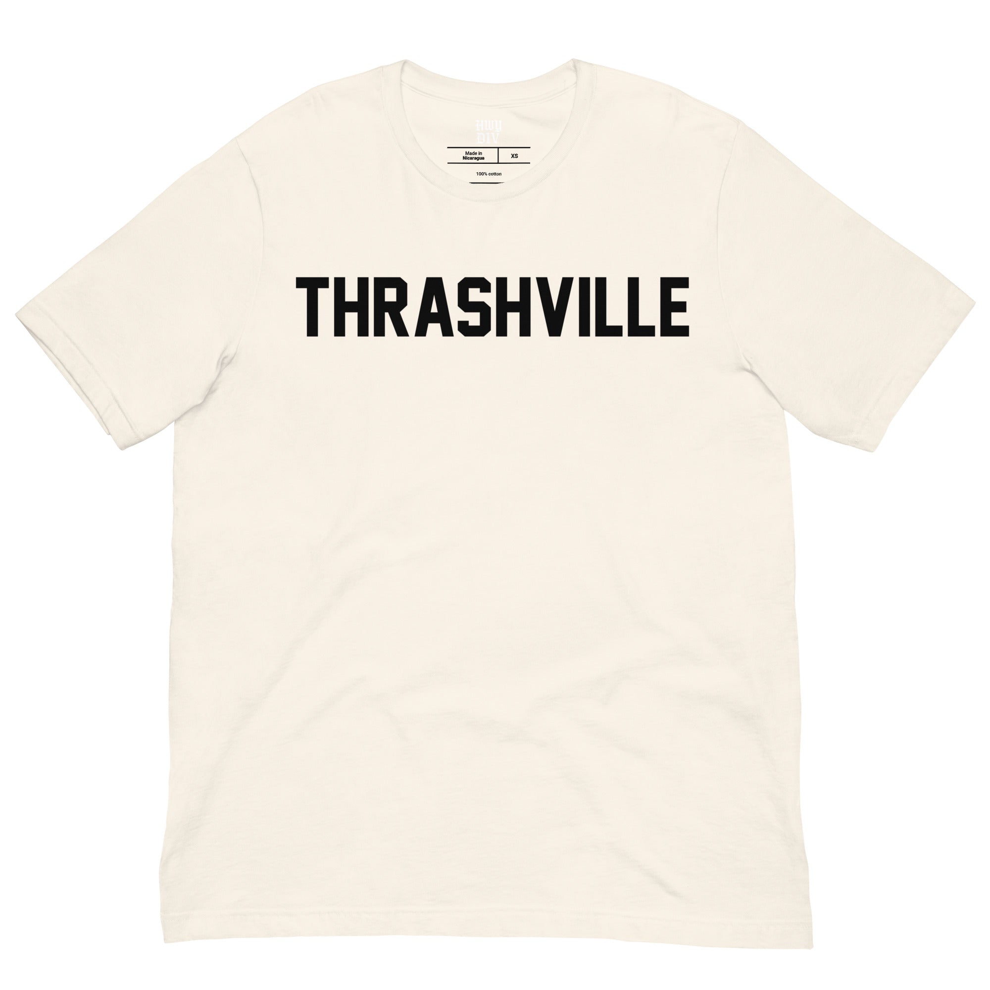 Highway Division black t-shirt with bold THRASHVILLE text on the front, unisex streetwear tee inspired by punk, metal, and motorcycle culture. NASHVILLE tee 