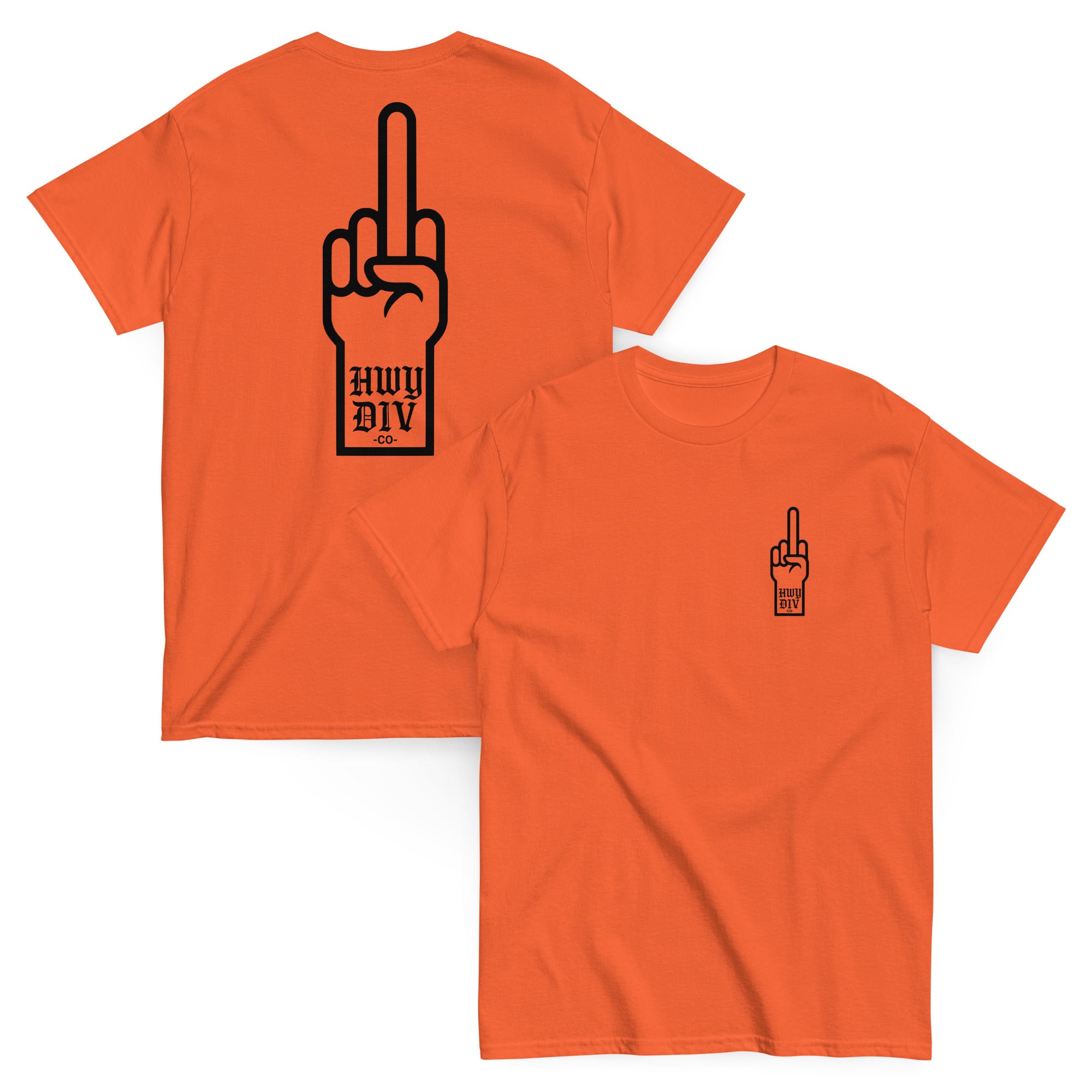  t-shirt featuring a bold graphic of an illustrated middle finger on the front, symbolizing rebellion and defiance. Designed by Highway Division, the shirt has a rugged, edgy streetwear aesthetic.