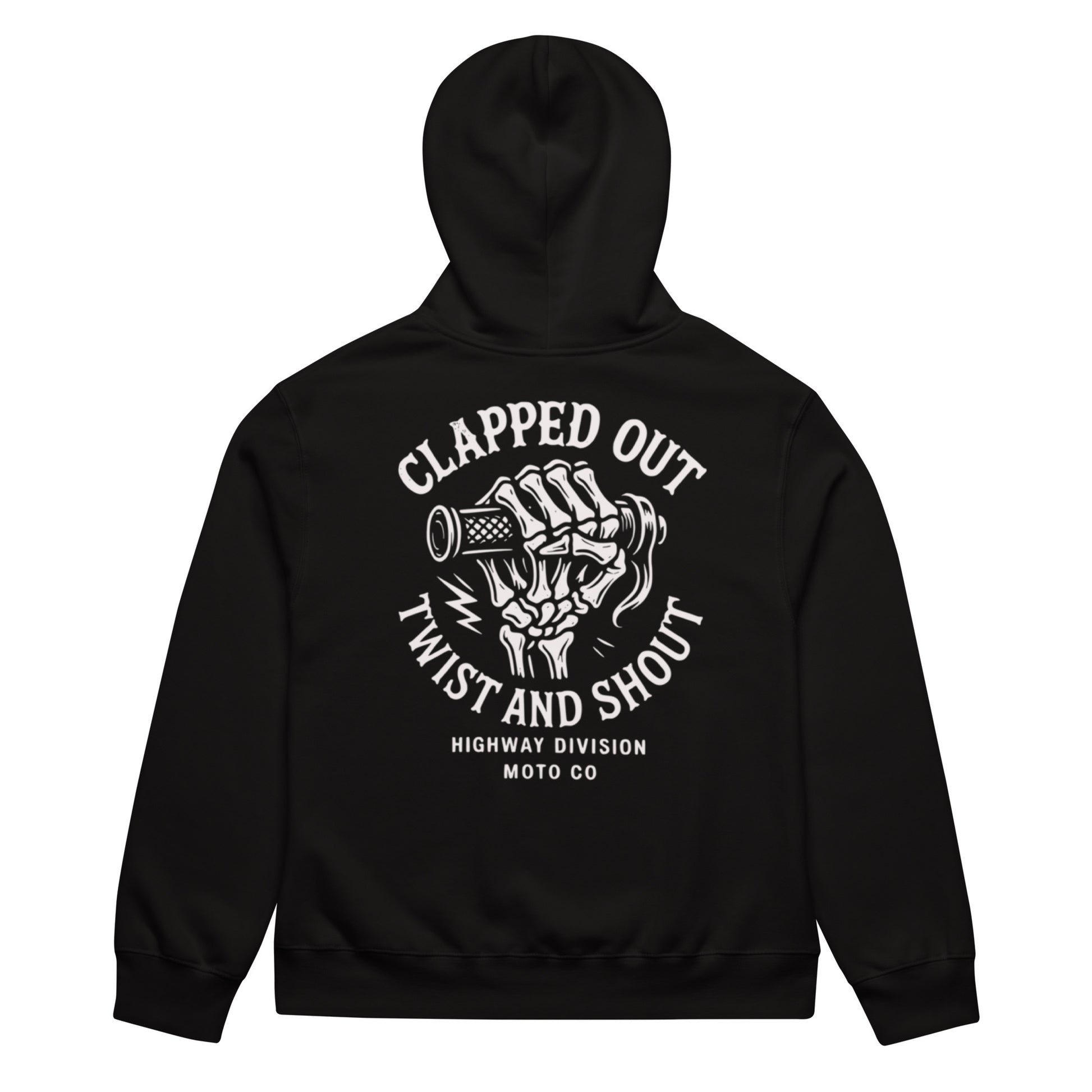Black Highway Division hoodie with “CLAPPED OUT TWIST AND SHOUT” front print; motorcycle streetwear inspired by Harley-Davidson Dyna culture and wheelie-riding attitude.

