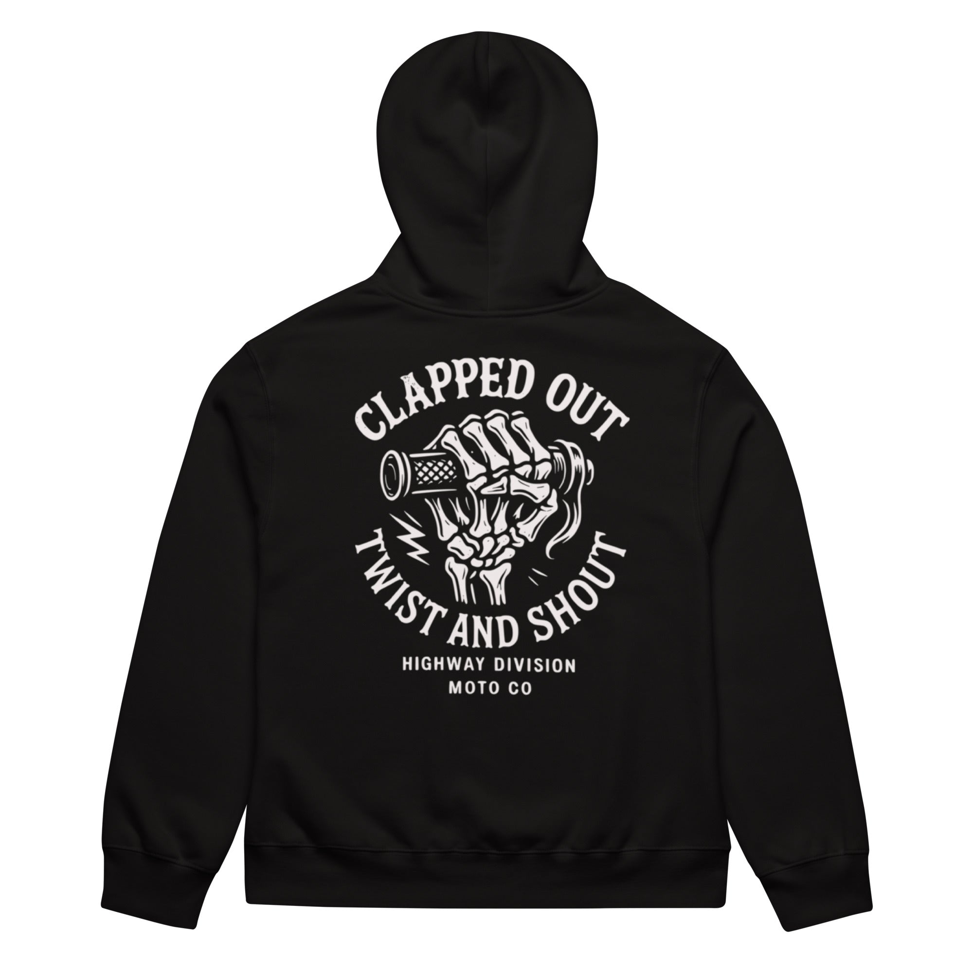 Black Highway Division hoodie with “CLAPPED OUT TWIST AND SHOUT” front print; motorcycle streetwear inspired by Harley-Davidson Dyna culture and wheelie-riding attitude.
