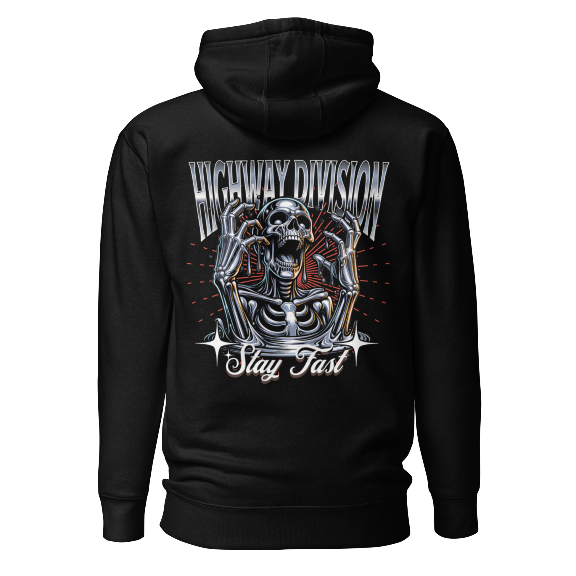 The Highway Division black hoodie features a bold design with the striking phrase "Stay Fast", making a powerful statement for those who embrace a rebellious spirit. Crafted from high-quality materials, this hoodie offers both comfort and durability, perfect for casual wear or layering.