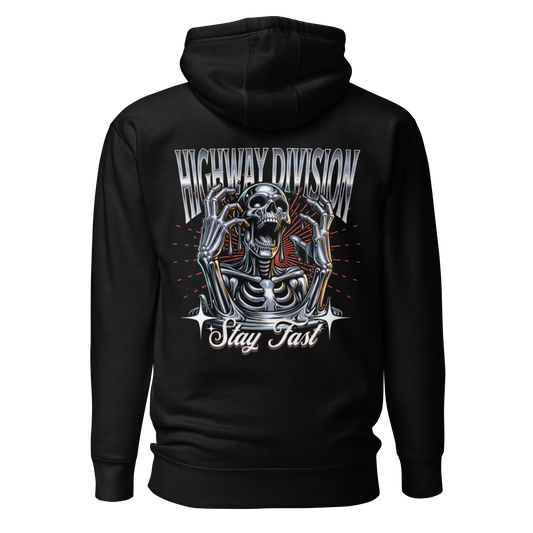 The Highway Division black hoodie features a bold design with the striking phrase "Stay Fast", making a powerful statement for those who embrace a rebellious spirit. Crafted from high-quality materials, this hoodie offers both comfort and durability, perfect for casual wear or layering.