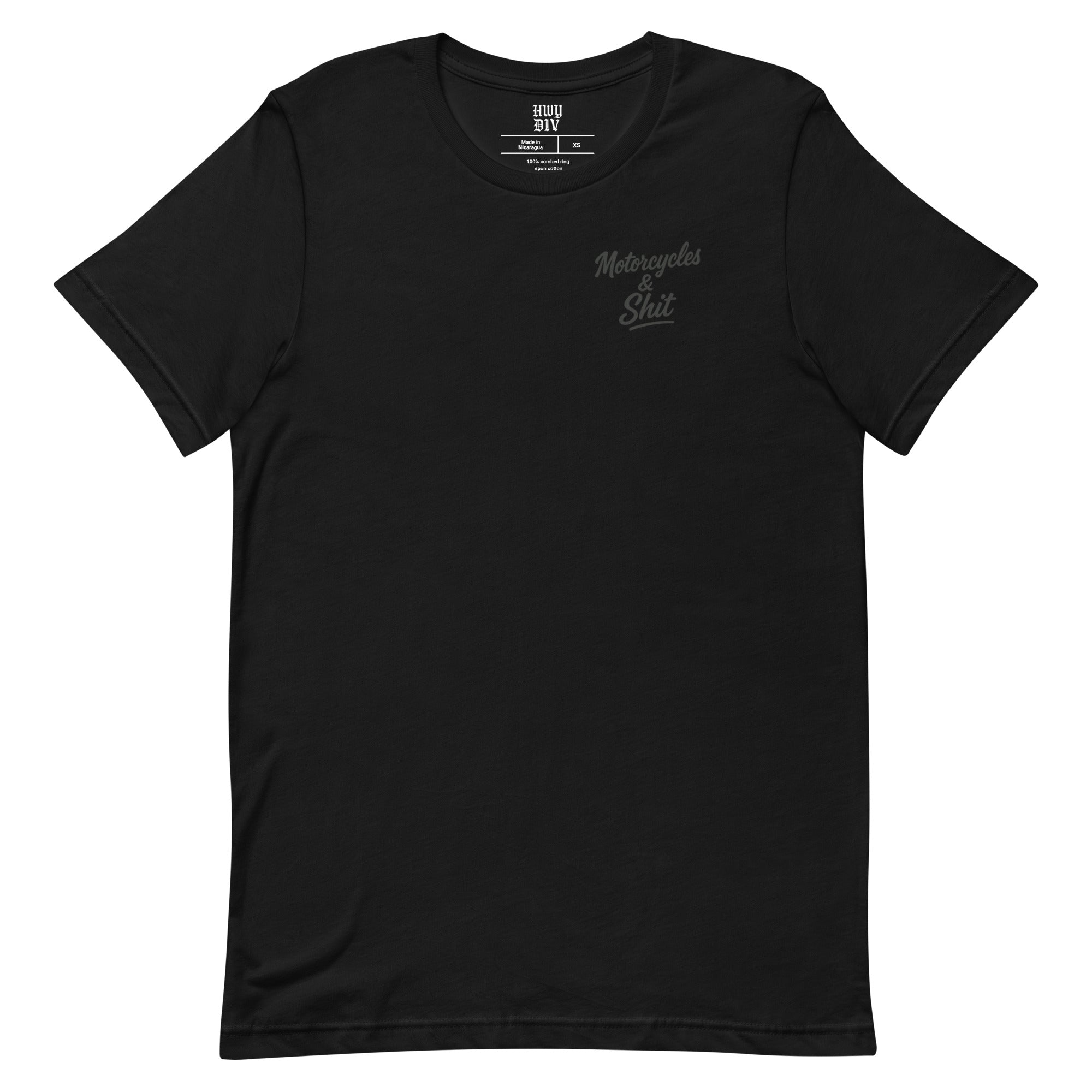 Black Highway Division T‑shirt with bold white “MOTORCYCLES & SHIT” front print; heavyweight cotton streetwear for motorcycle riders, road culture, and unapologetic lifestyle. Harley Davidson Chopper Bobber Bagger Dyna Tracker Biker 