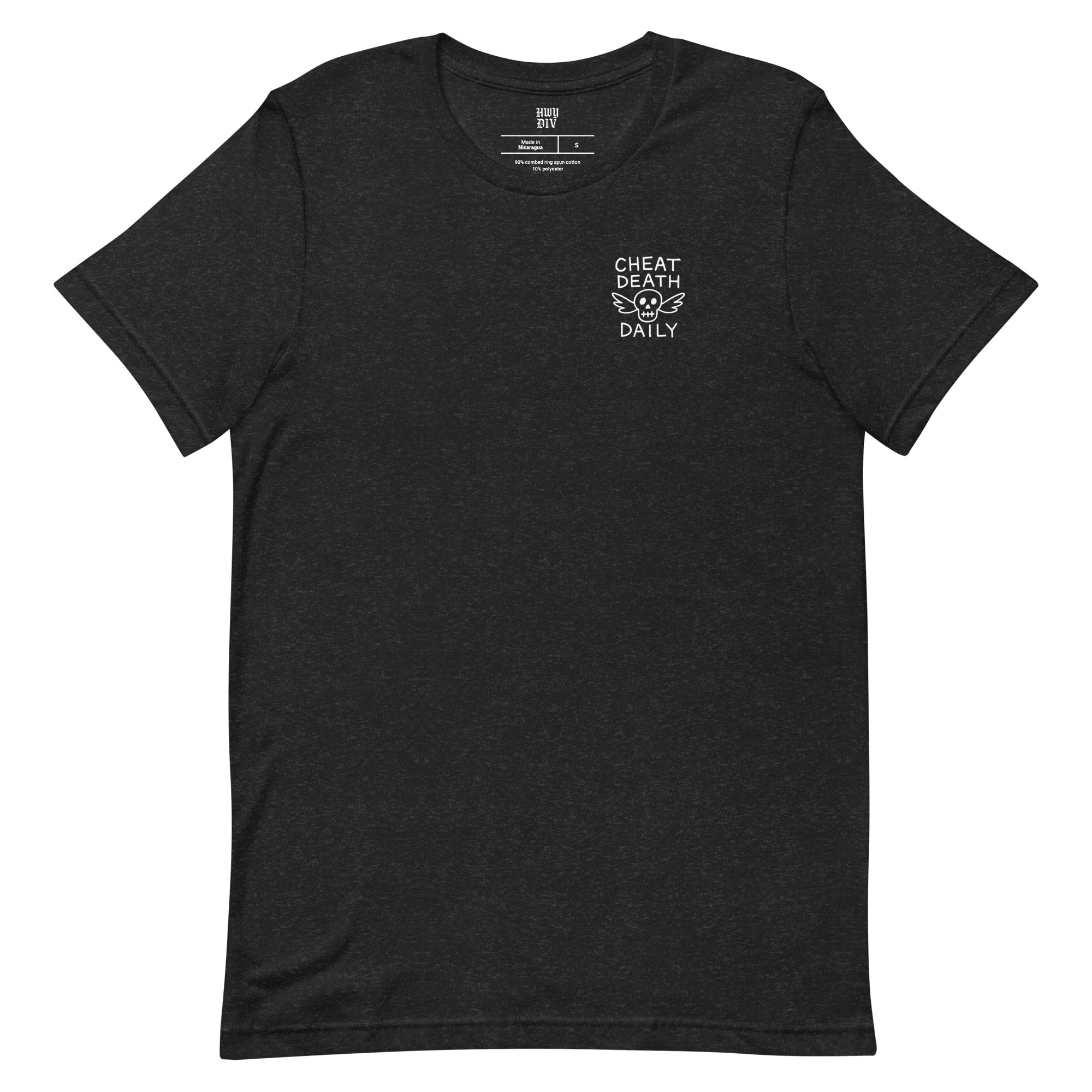 The "Cheat Death" Tee by Highway Division says everything without saying too much. Featuring bold "Cheat Death" lettering on both the front and back, this all-black staple is made for those who live fast, ride hard, and never look over their shoulder.

Crafted from heavyweight cotton with a relaxed fit, it’s built for the long haul — whether you're skating pavement, twisting throttle, or just moving through the world on your own terms.

Details:

Color: Black

“Cheat Death” text screen printed on front and 