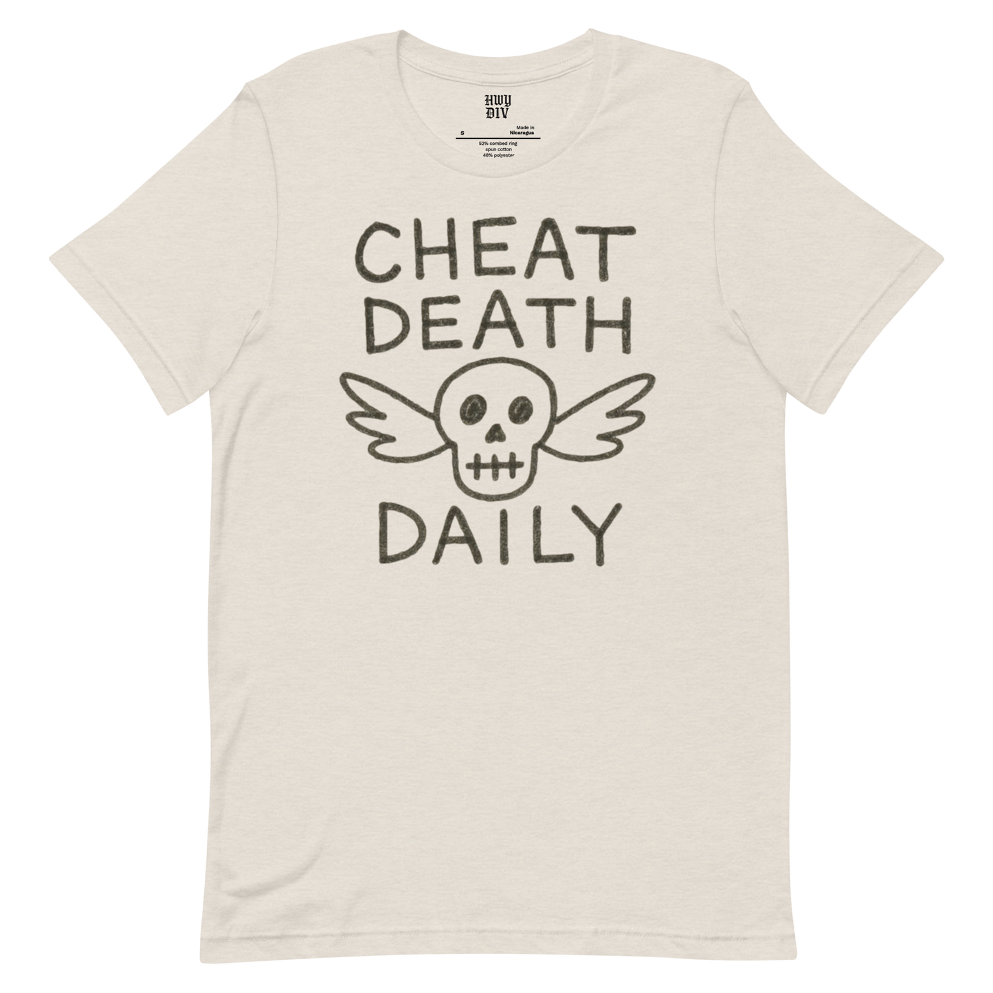A blonde woman with loose, wavy hair is sitting in the back seat of a car, wearing a black t-shirt that reads “CHEAT DEATH DAILY” in bold, white capital letters across the chest. The shirt is part of the Highway Division collection and has a minimalist, rebellious aesthetic. The woman is facing slightly toward the window, with natural light highlighting her hair and the texture of the shirt. She has a confident, calm expression, exuding a sense of edge and defiance. The interior of the car is slightly 

