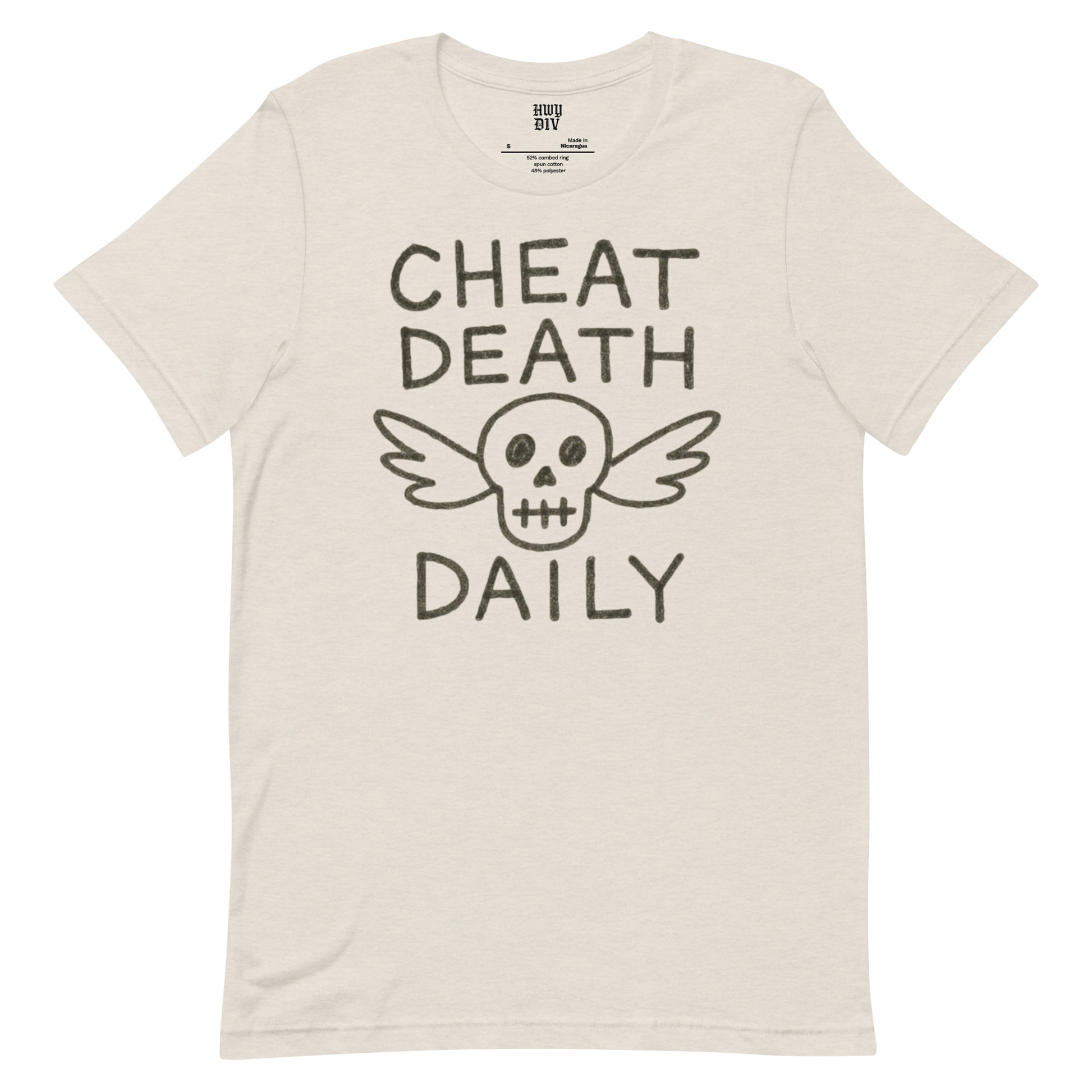 A blonde woman with loose, wavy hair is sitting in the back seat of a car, wearing a black t-shirt that reads “CHEAT DEATH DAILY” in bold, white capital letters across the chest. The shirt is part of the Highway Division collection and has a minimalist, rebellious aesthetic. The woman is facing slightly toward the window, with natural light highlighting her hair and the texture of the shirt. She has a confident, calm expression, exuding a sense of edge and defiance. The interior of the car is slightly 

