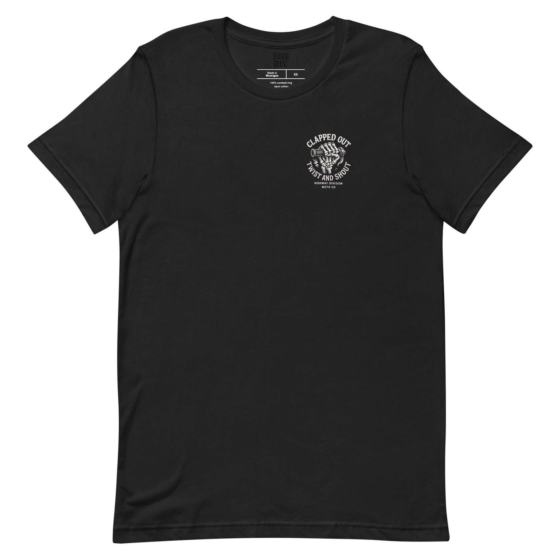 Black t-shirt by Highway Division with bold “CLAPPED OUT TWIST AND SHOUT” print; soft cotton motorcycle streetwear for riders, mechanics, and garage-built culture.
