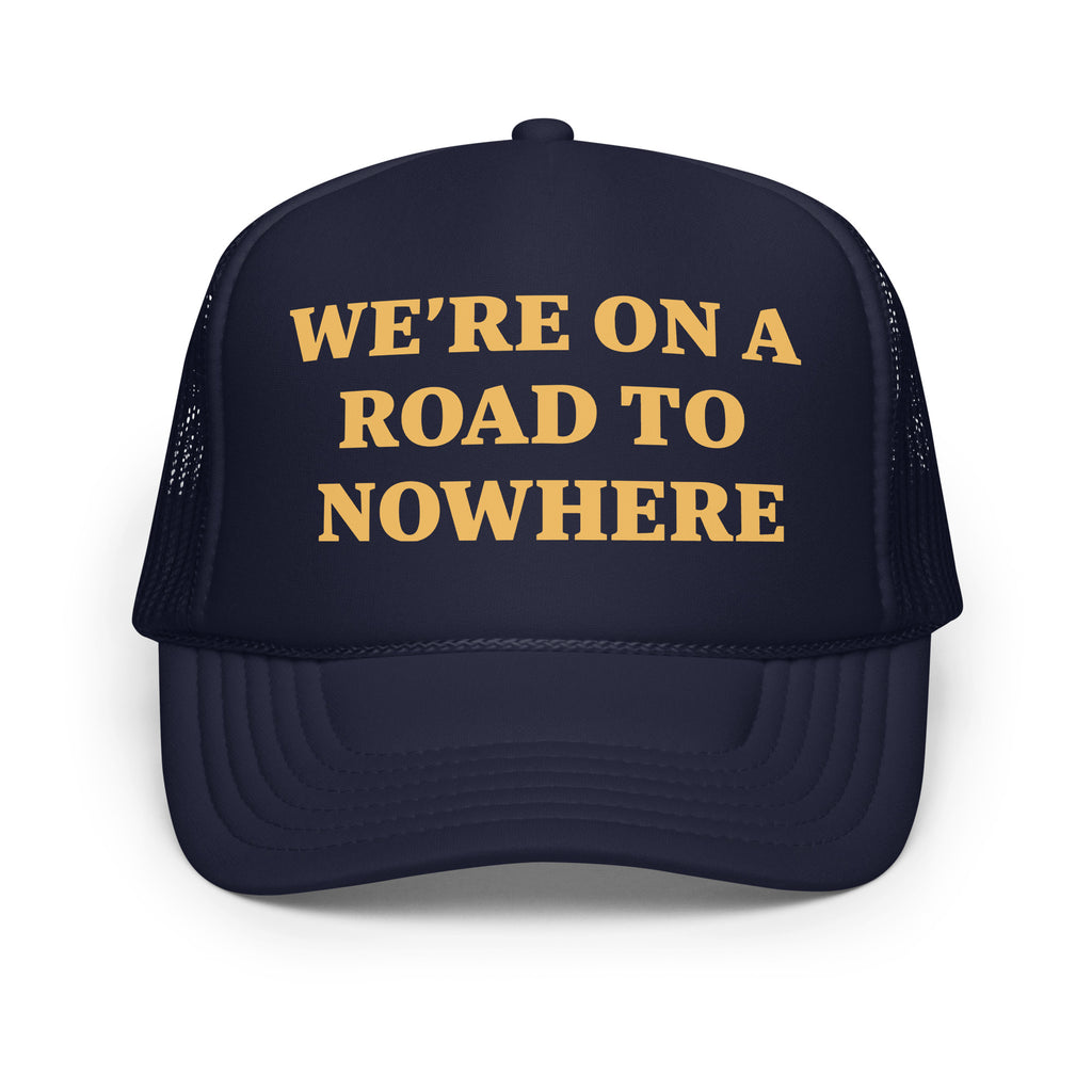 Black structured cap by Highway Division embroidered with “We’re on a Road to Nowhere”; motorcycle‑inspired streetwear hat for riders, Dyna enthusiasts, road culture and rebel attitude. Talking Heads

