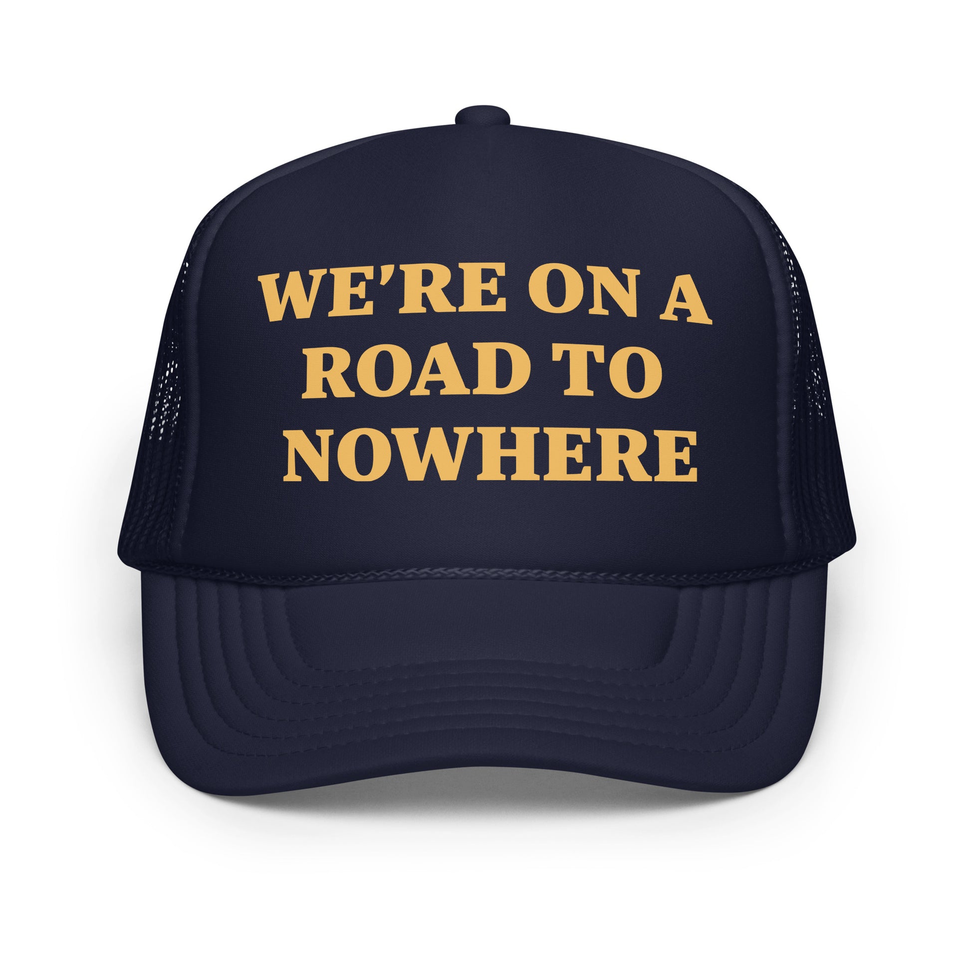 Black structured cap by Highway Division embroidered with “We’re on a Road to Nowhere”; motorcycle‑inspired streetwear hat for riders, Dyna enthusiasts, road culture and rebel attitude. Talking Heads
